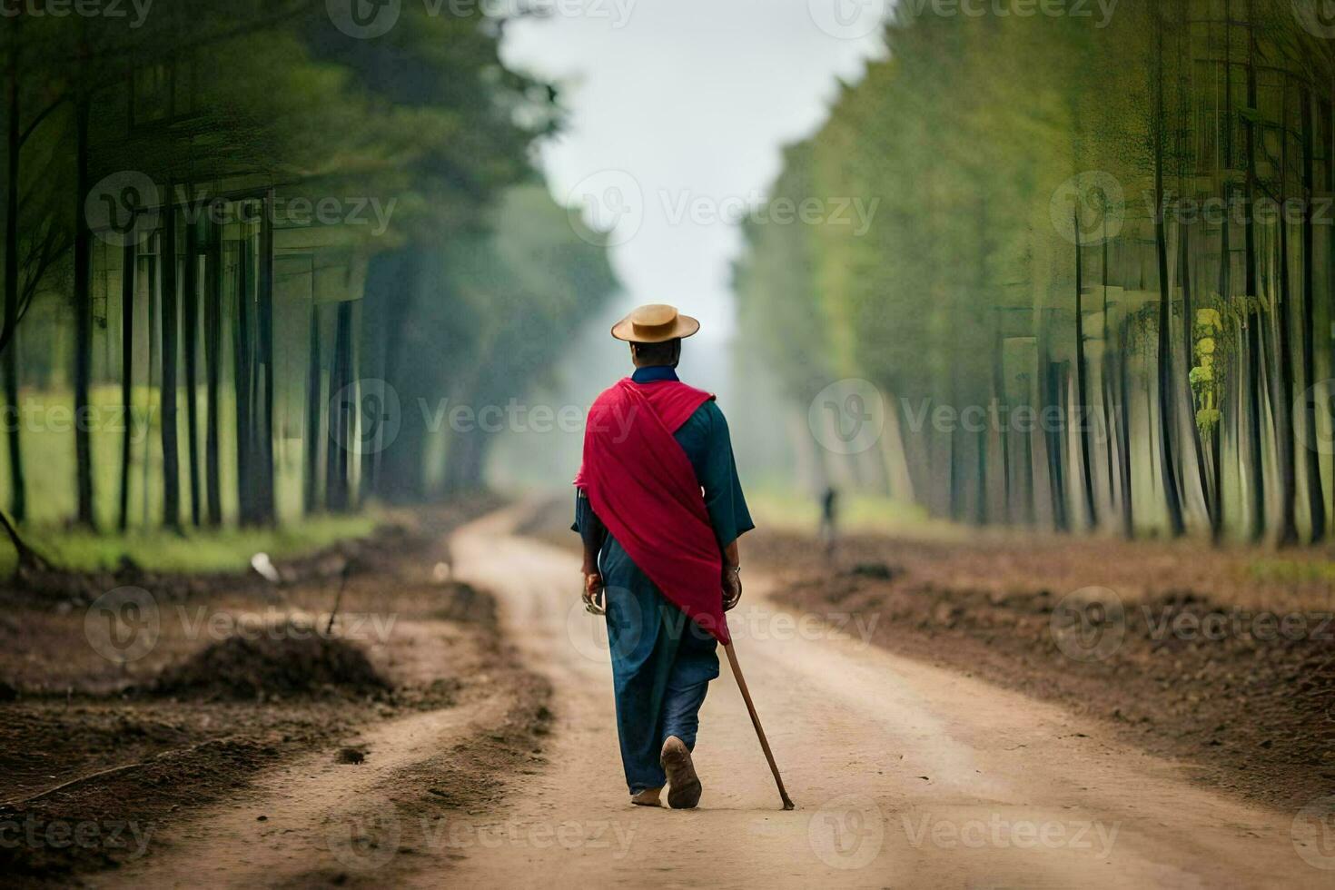 un hombre caminando abajo un suciedad la carretera con un caña. generado por ai foto