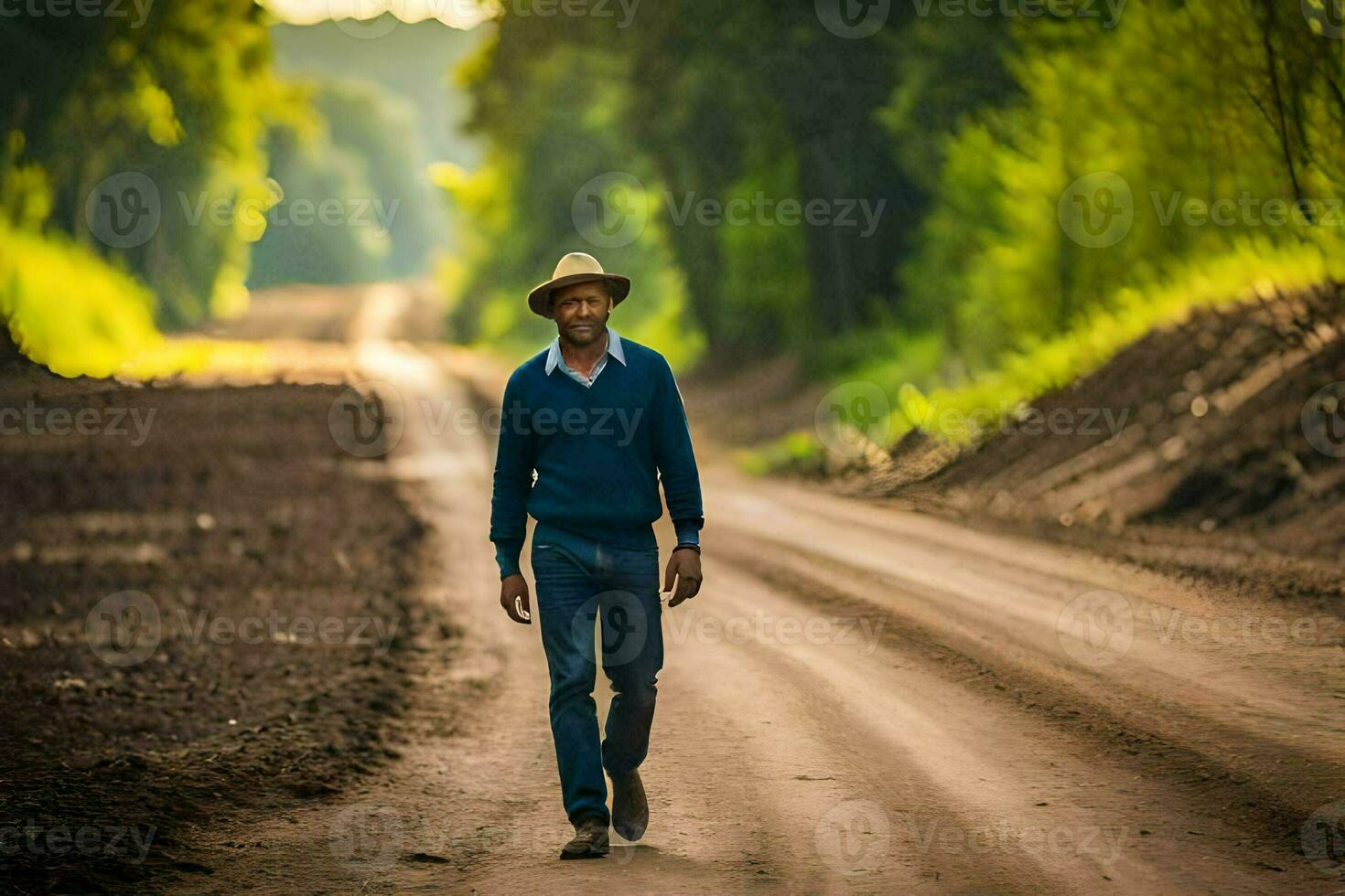 a man in a hat walks down a dirt road. AI-Generated photo