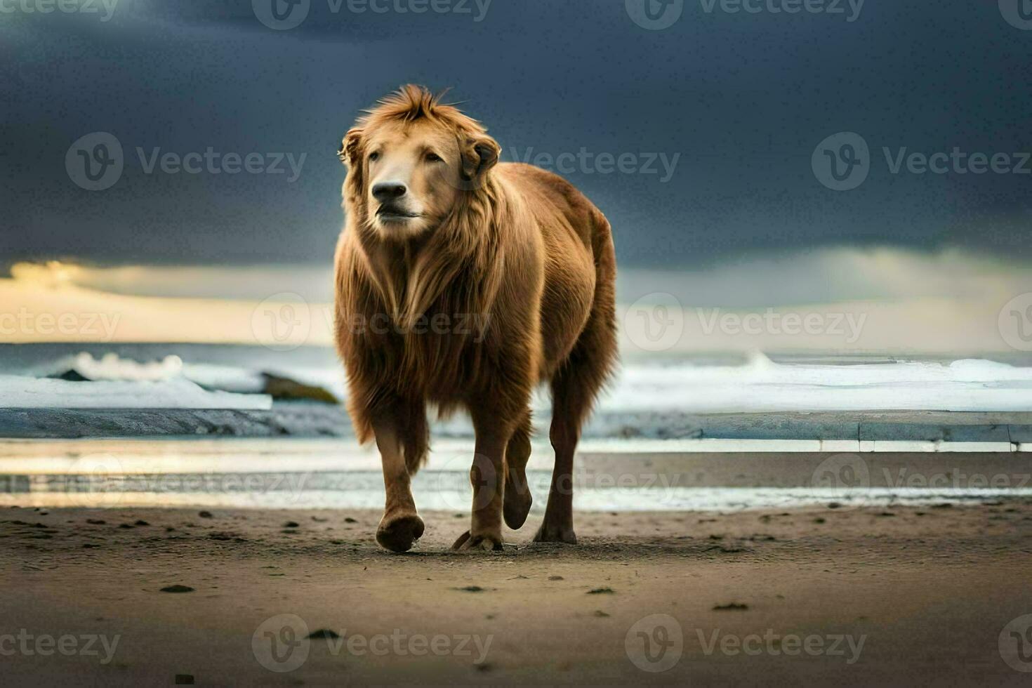 a lion walking on the beach at sunset. AI-Generated photo