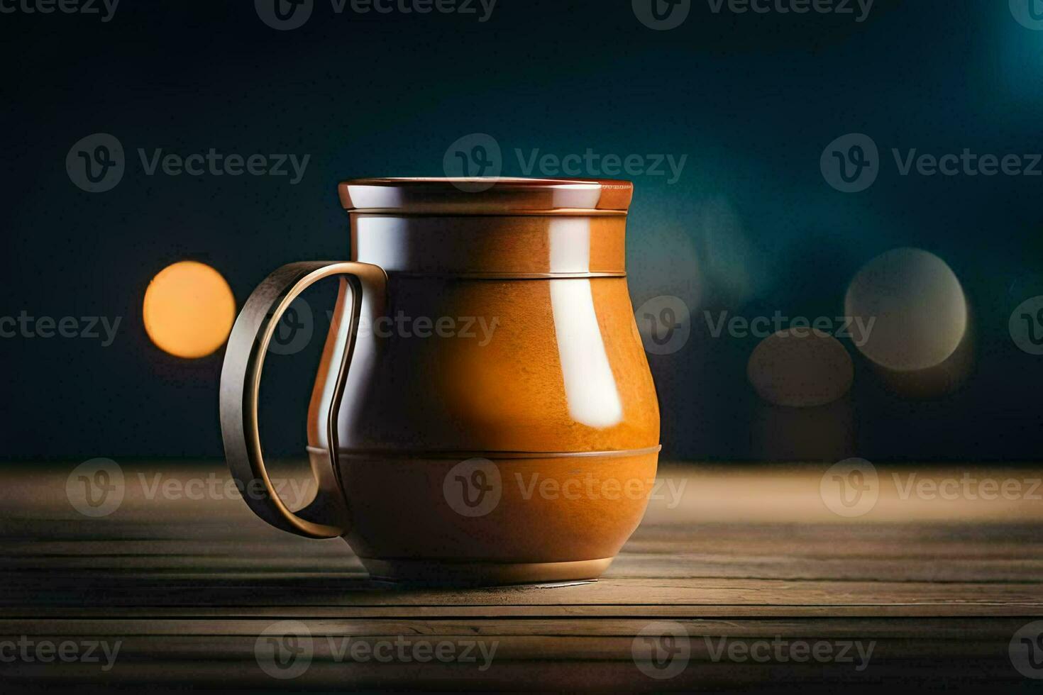 brown mug on a wooden table. AI-Generated photo