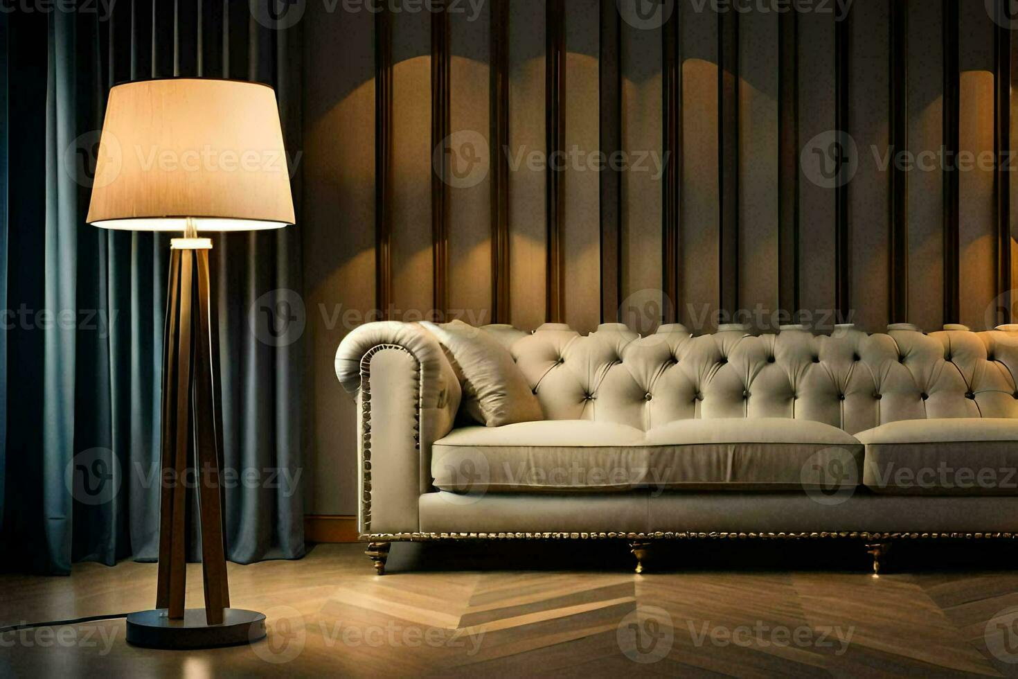 a modern living room with a couch and lamp. AI-Generated photo