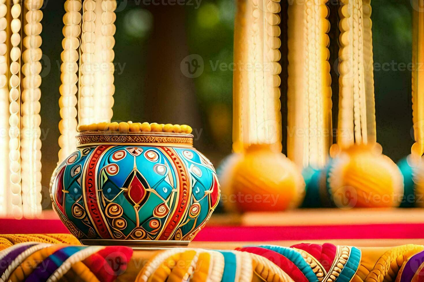 a colorful pot sitting on a table with a string of beads. AI-Generated photo