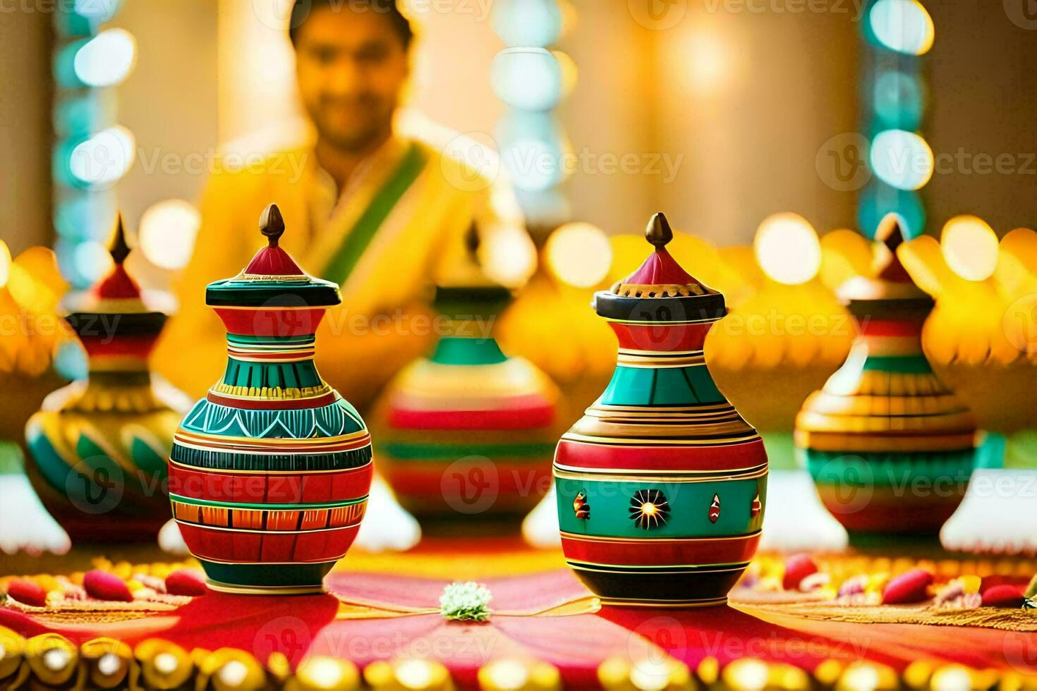 a man is sitting in front of colorful vases. AI-Generated photo