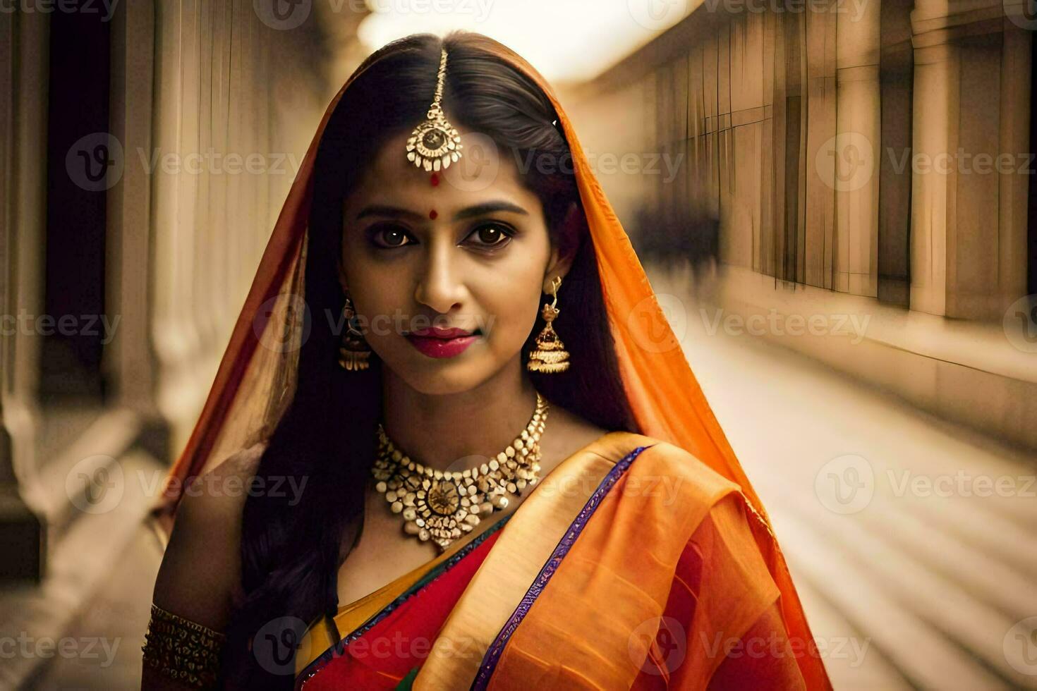 a beautiful indian woman wearing a sari and jewelry. AI-Generated photo