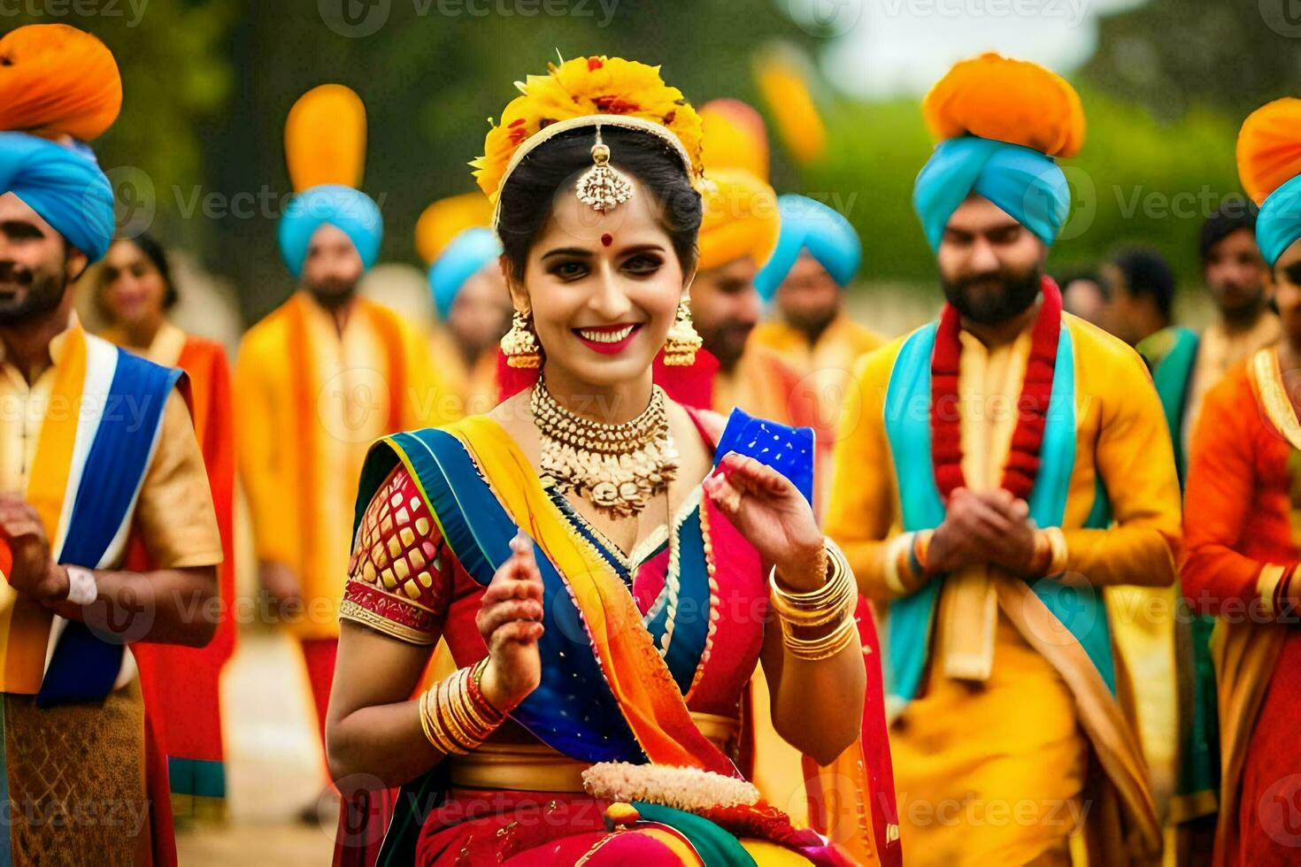 a woman in traditional indian attire is smiling and posing with other people. AI-Generated photo