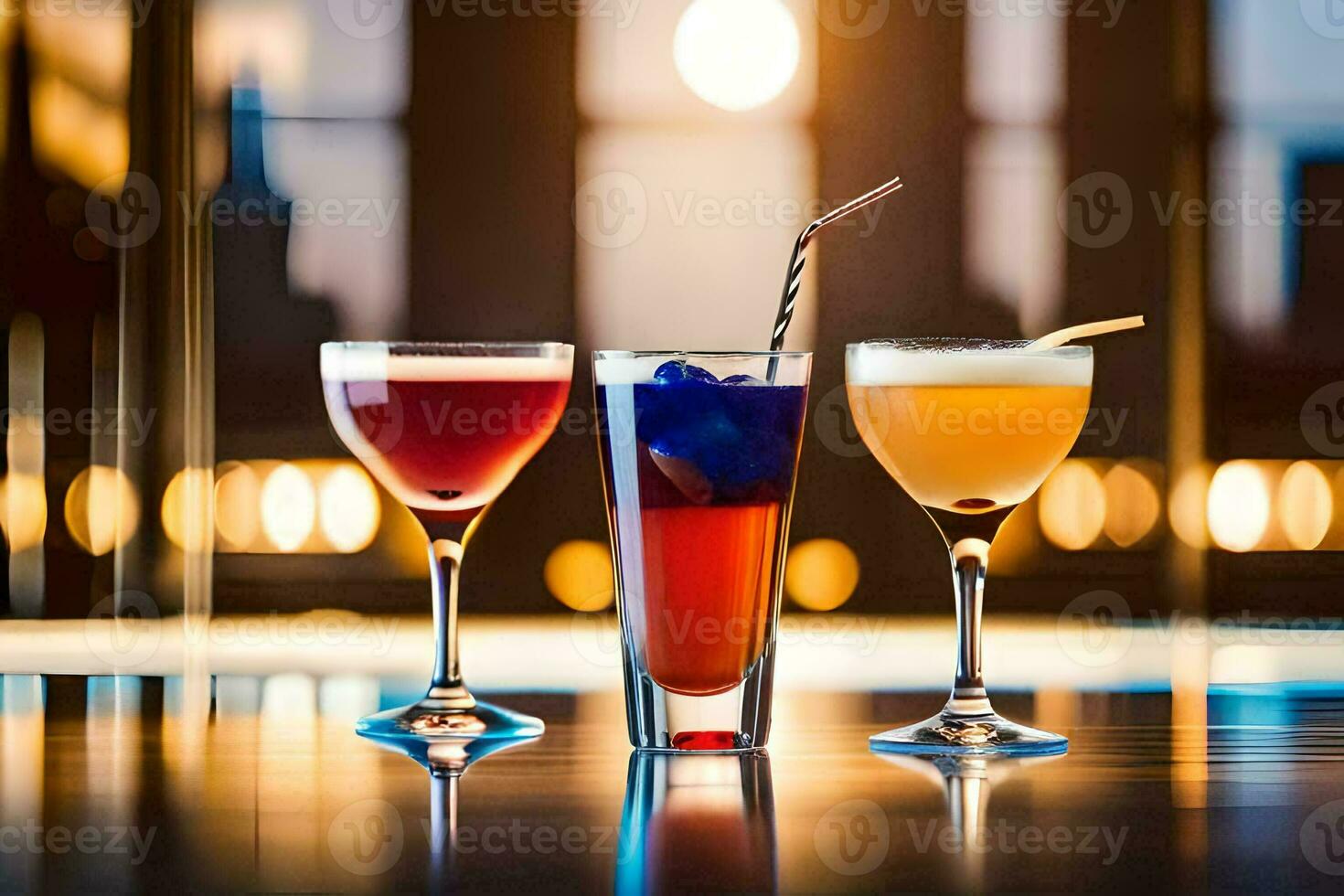 three different cocktails are sitting on a table. AI-Generated photo