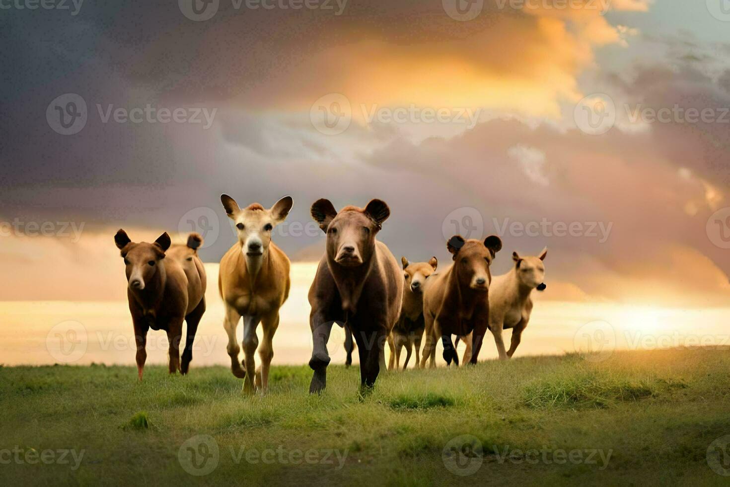 un manada de vacas corriendo a través de un campo a puesta de sol. generado por ai foto