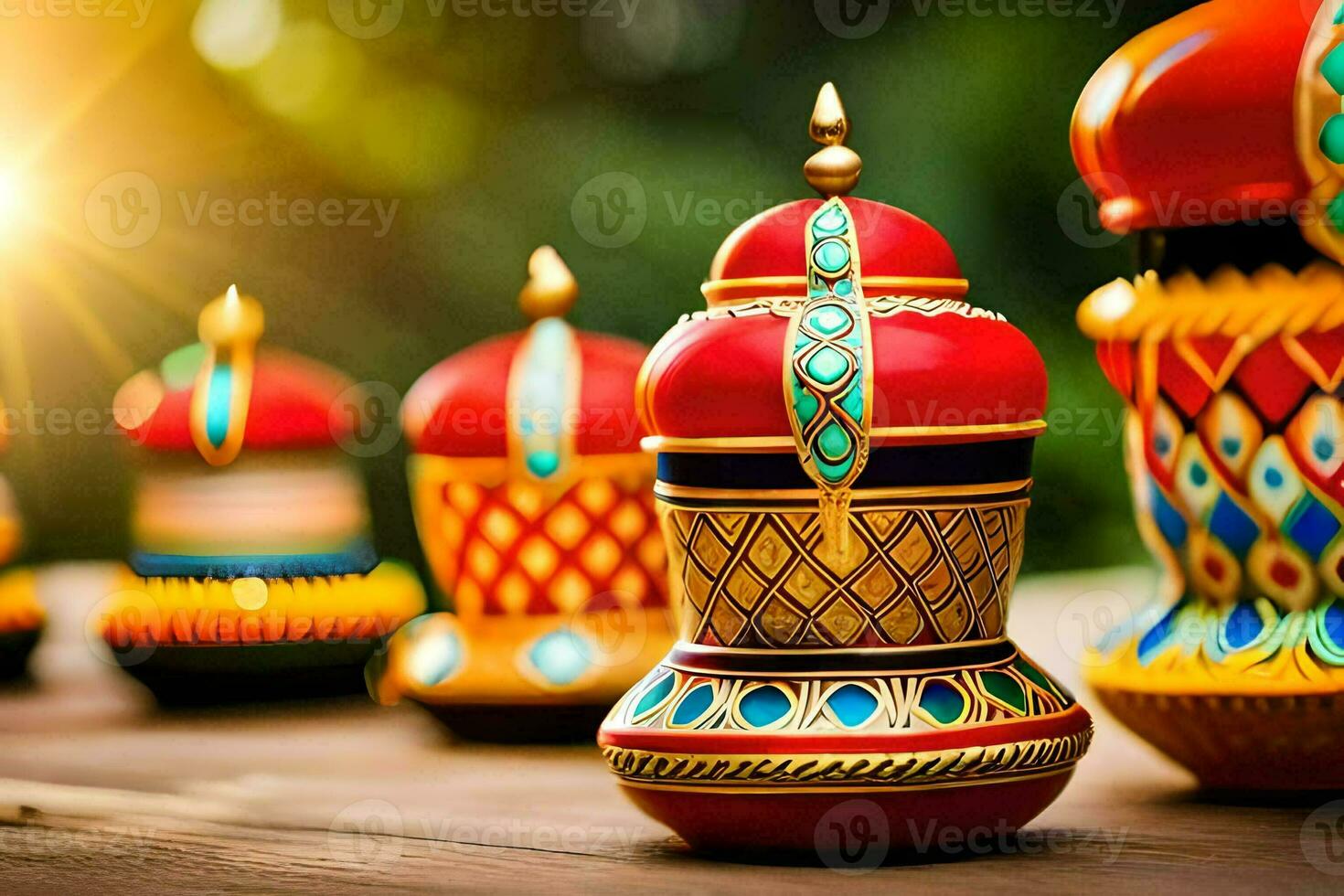 colorful decorative lamps on a wooden table. AI-Generated photo