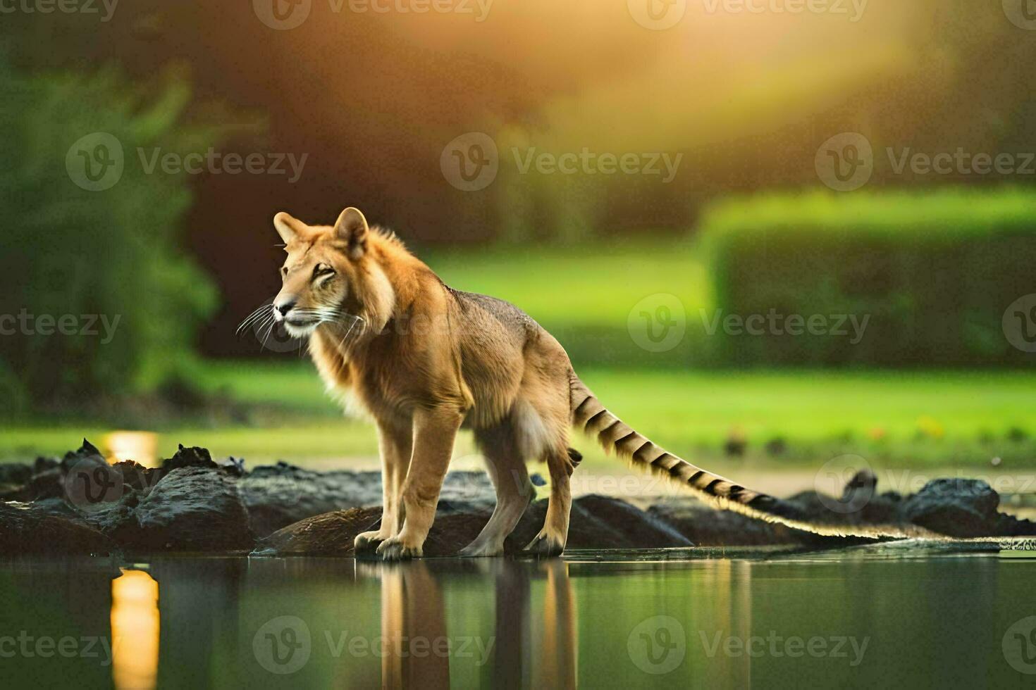 a lion standing on the edge of a lake. AI-Generated photo