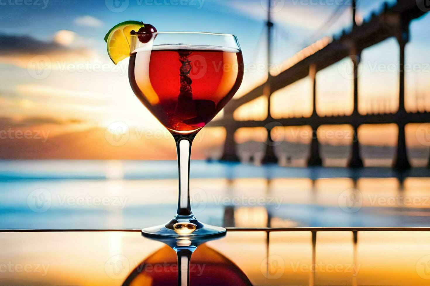 a glass of red wine with a sunset in the background. AI-Generated photo