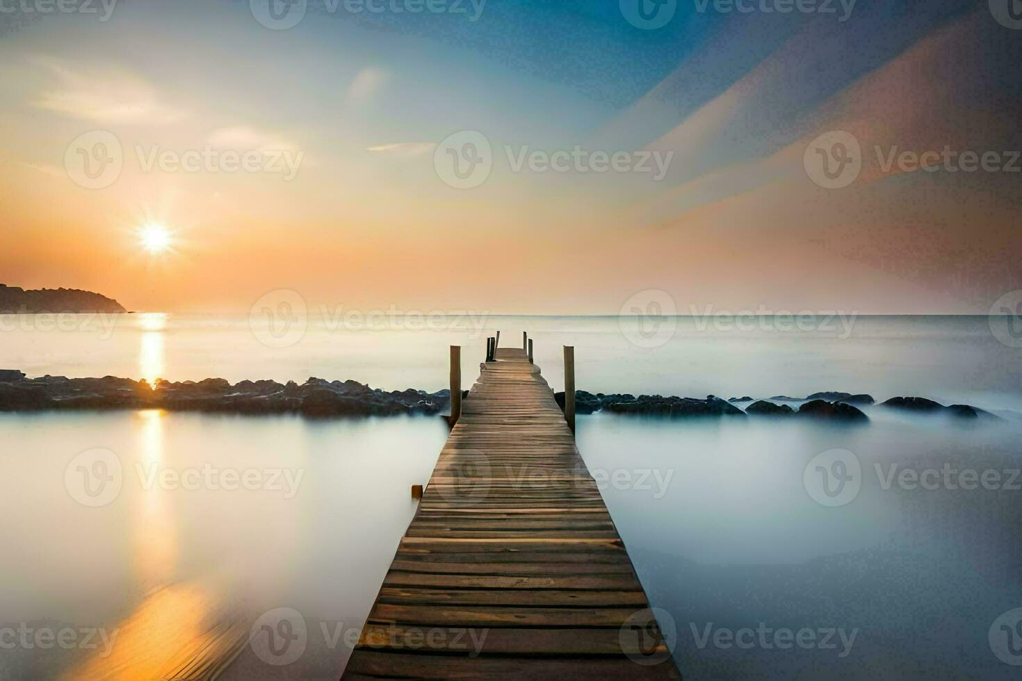 un largo exposición foto de un de madera muelle en el océano. generado por ai