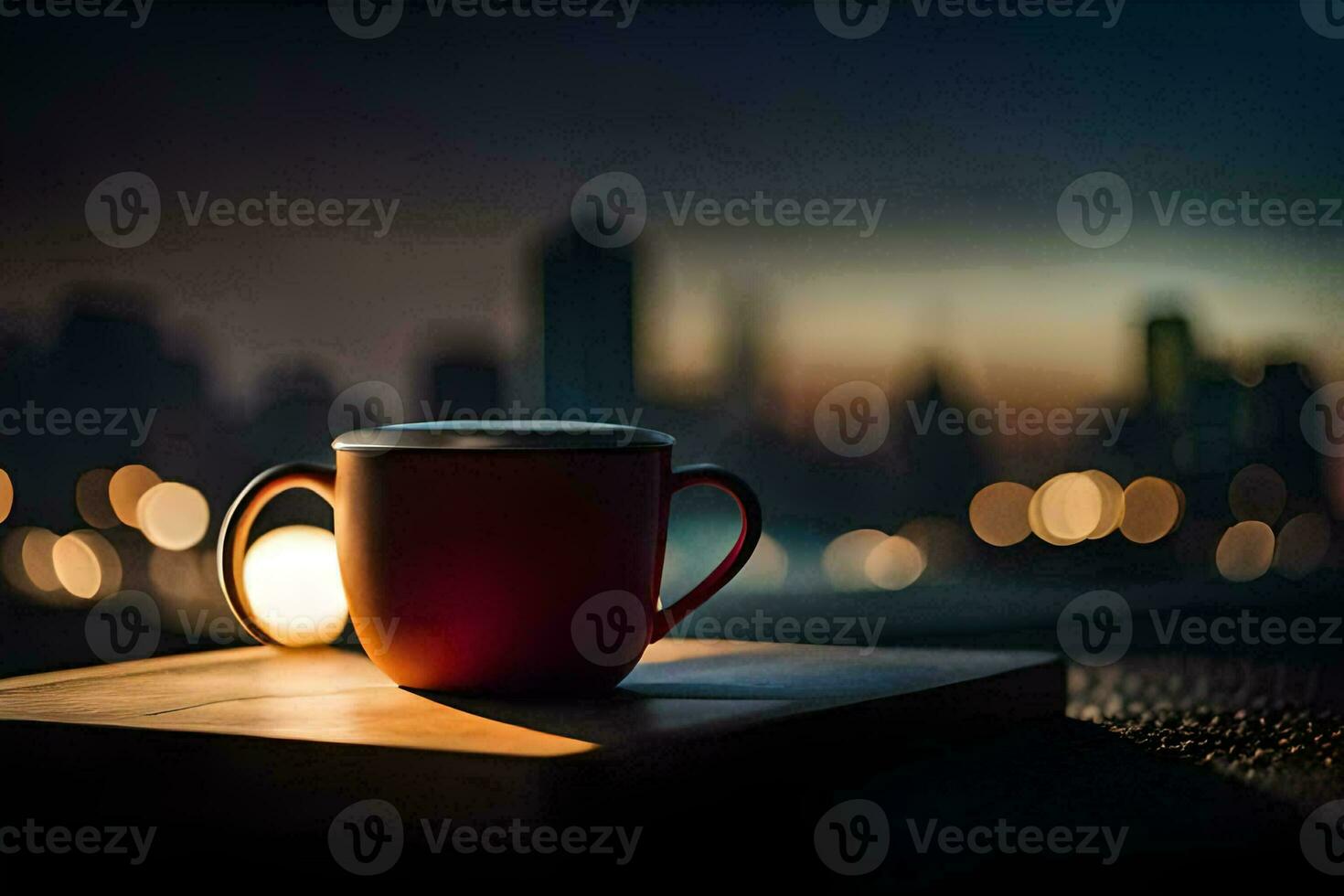 a red cup sits on a table in front of a cityscape. AI-Generated photo