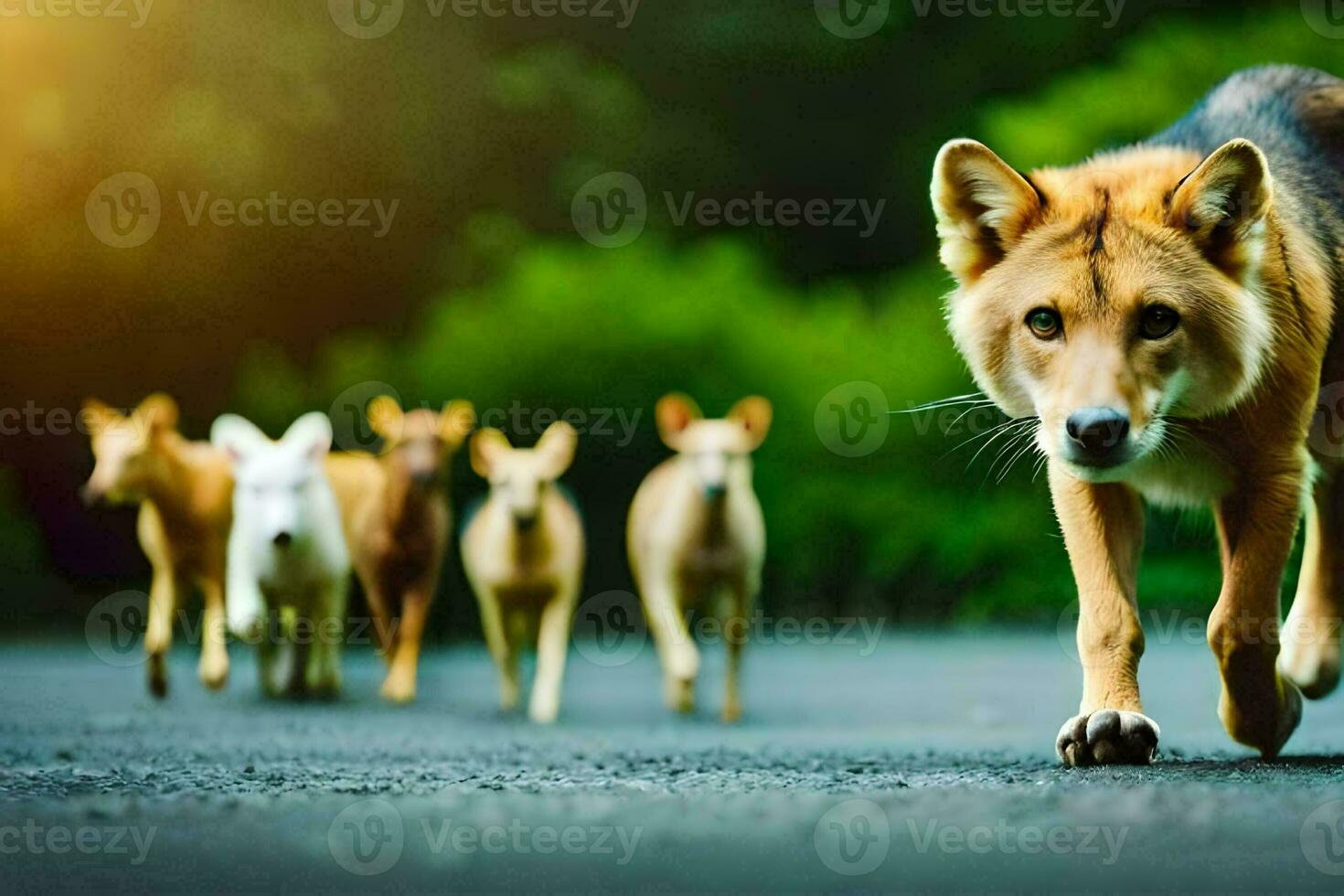a group of dogs running in the road. AI-Generated photo
