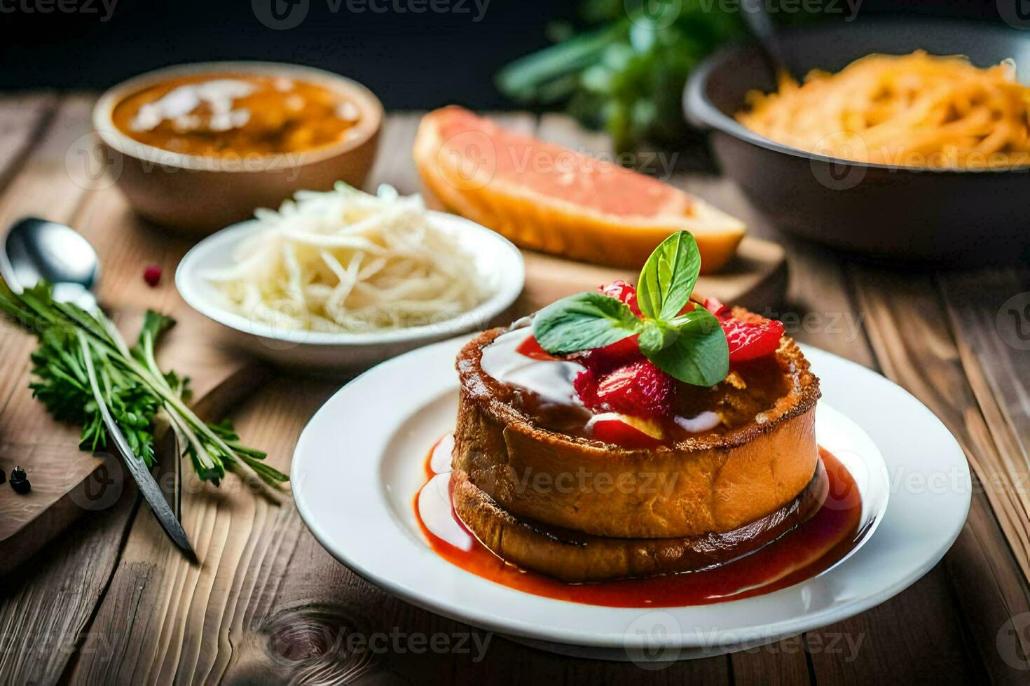 a plate of food with a cake on it. AI-Generated photo