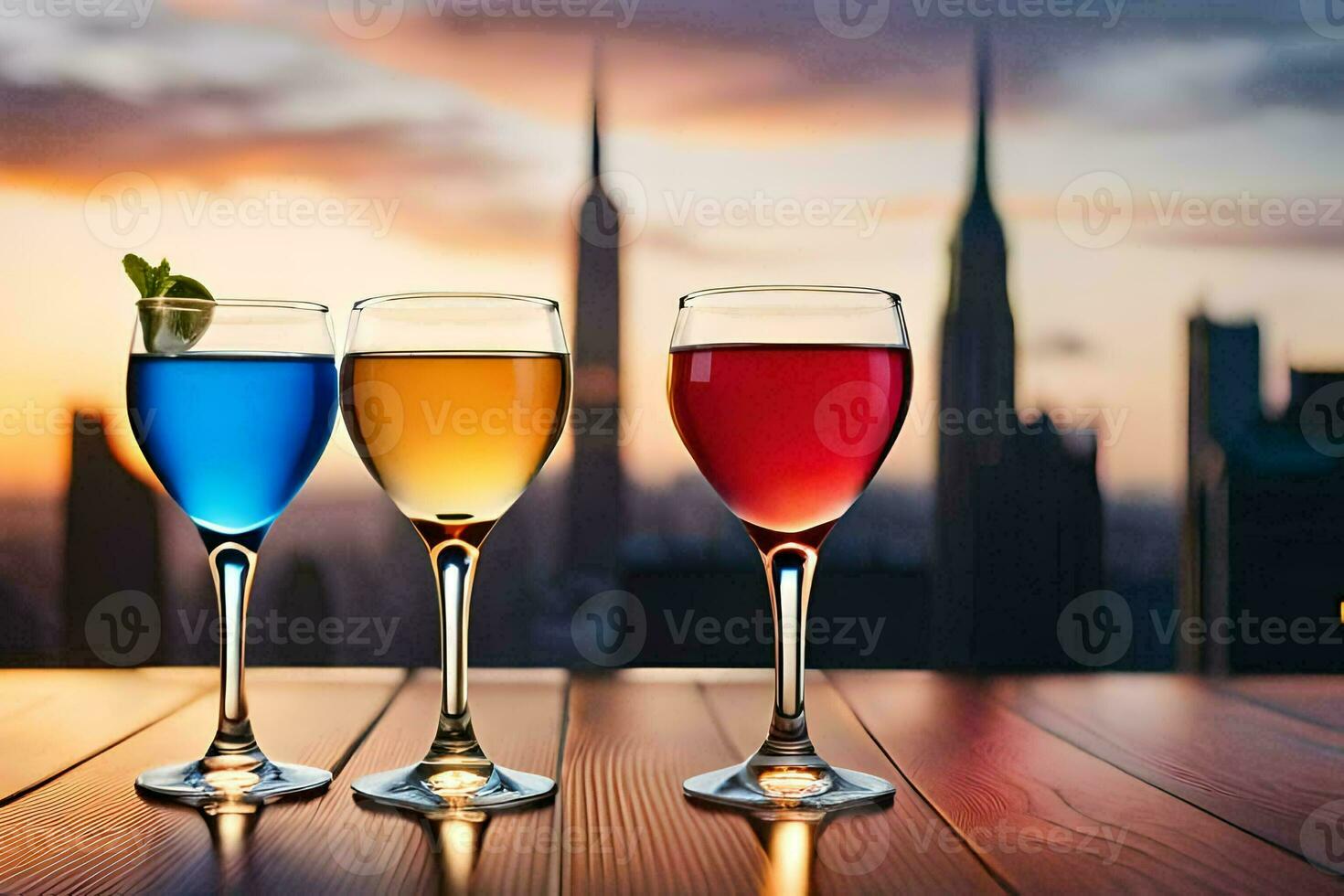 three glasses of wine with a city skyline in the background. AI-Generated photo