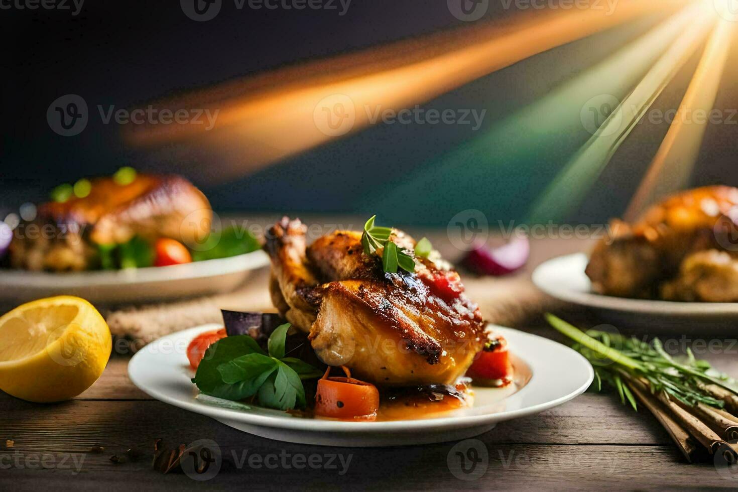 chicken on a plate with lemon and herbs. AI-Generated photo