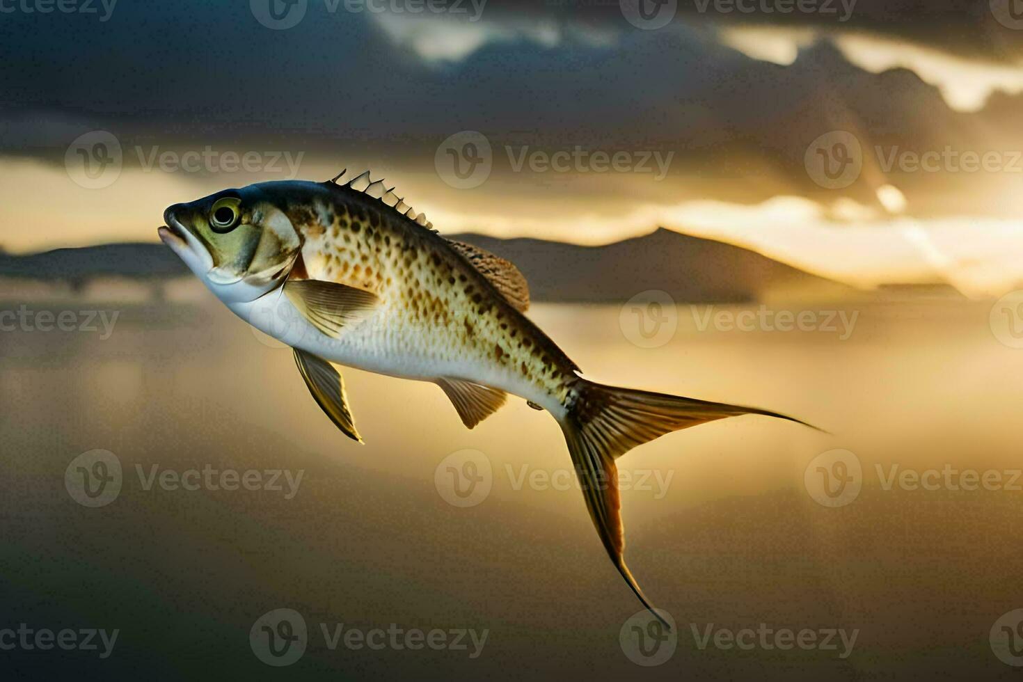 a fish flying over the ocean at sunset. AI-Generated photo