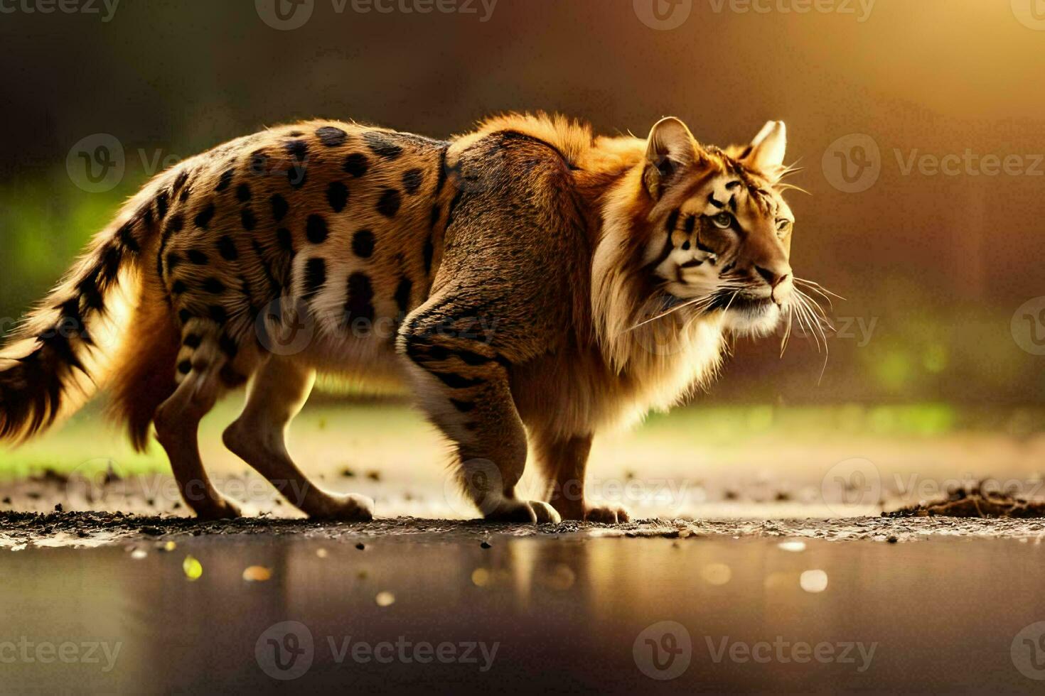 a tiger walking across a wet ground. AI-Generated photo
