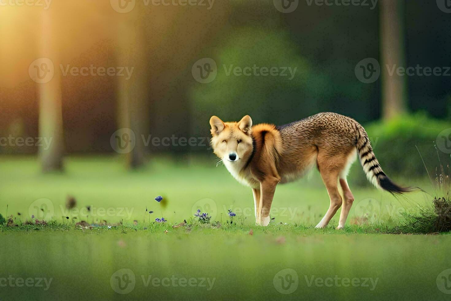 a coyote stands in the grass in front of trees. AI-Generated photo