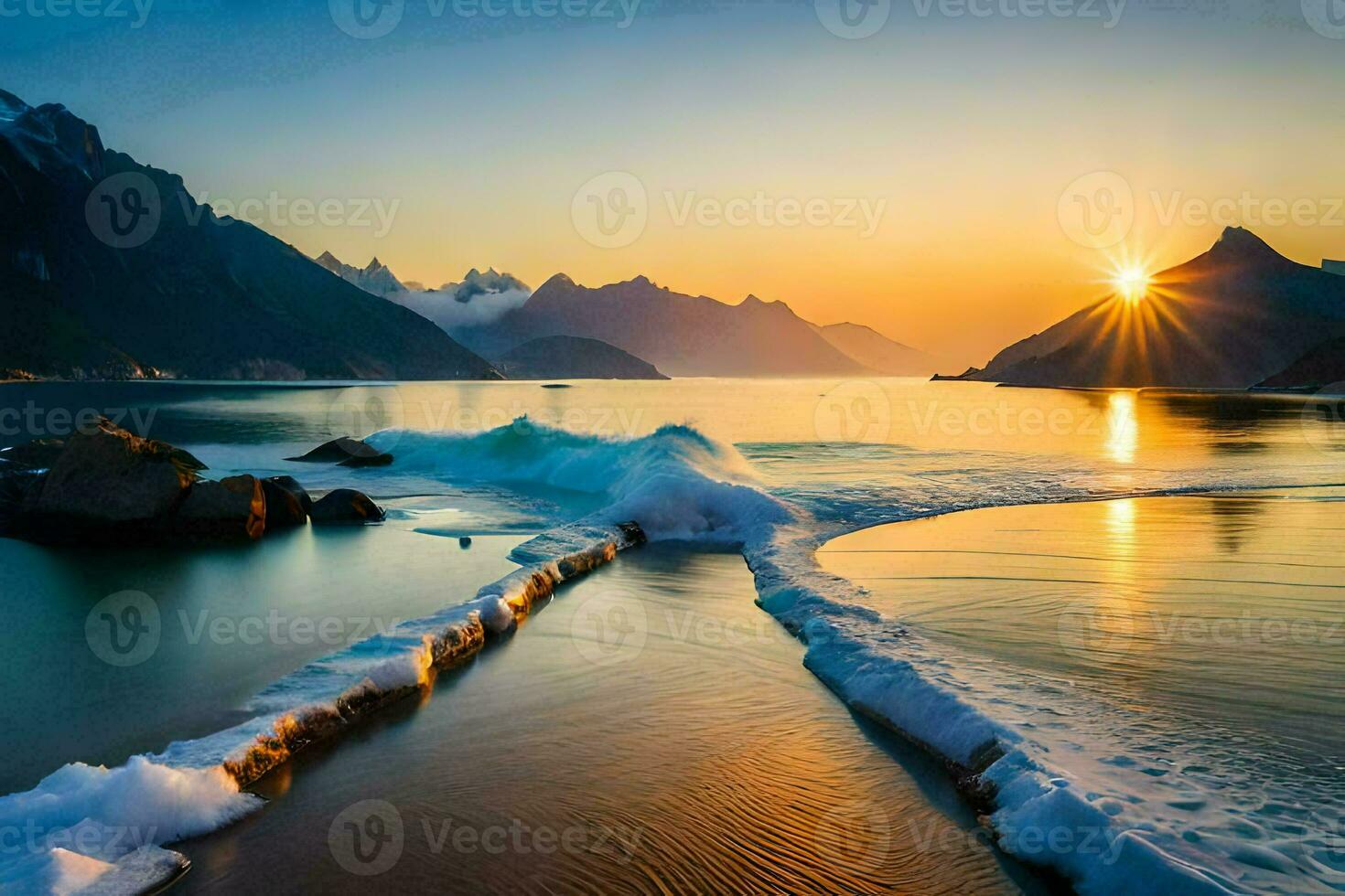 puesta de sol terminado el Oceano y montañas. generado por ai foto