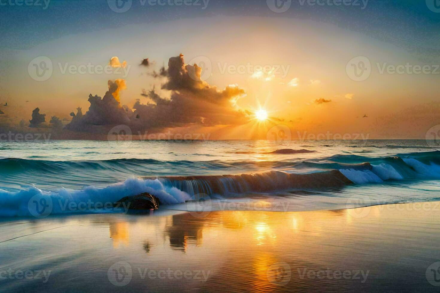 the sun rises over the ocean and waves on a beach. AI-Generated photo