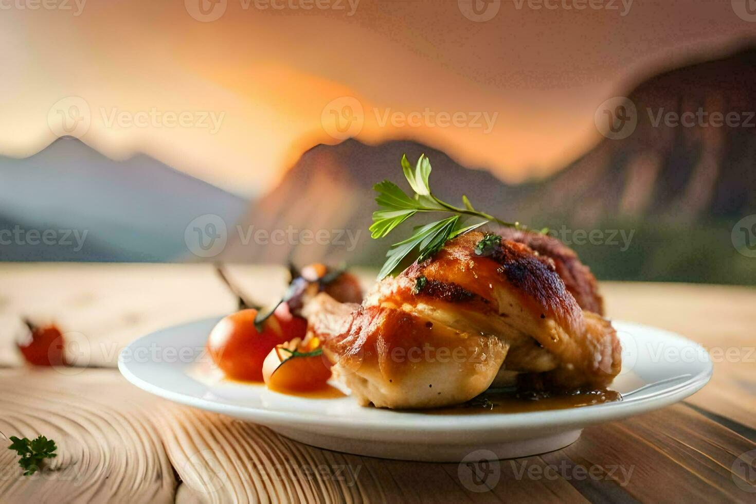 a plate with chicken and tomatoes on a table. AI-Generated photo