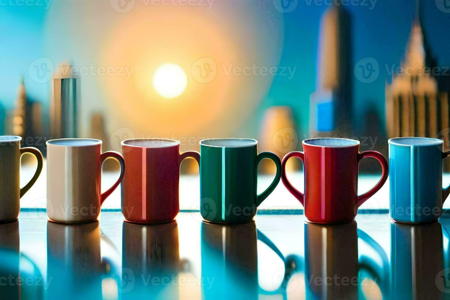 five coffee cups lined up in front of a city skyline. AI-Generated photo