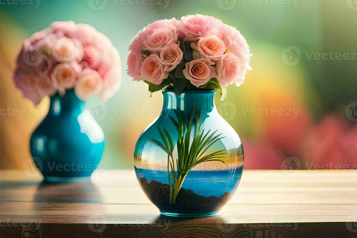 two vases with pink flowers on a table. AI-Generated photo