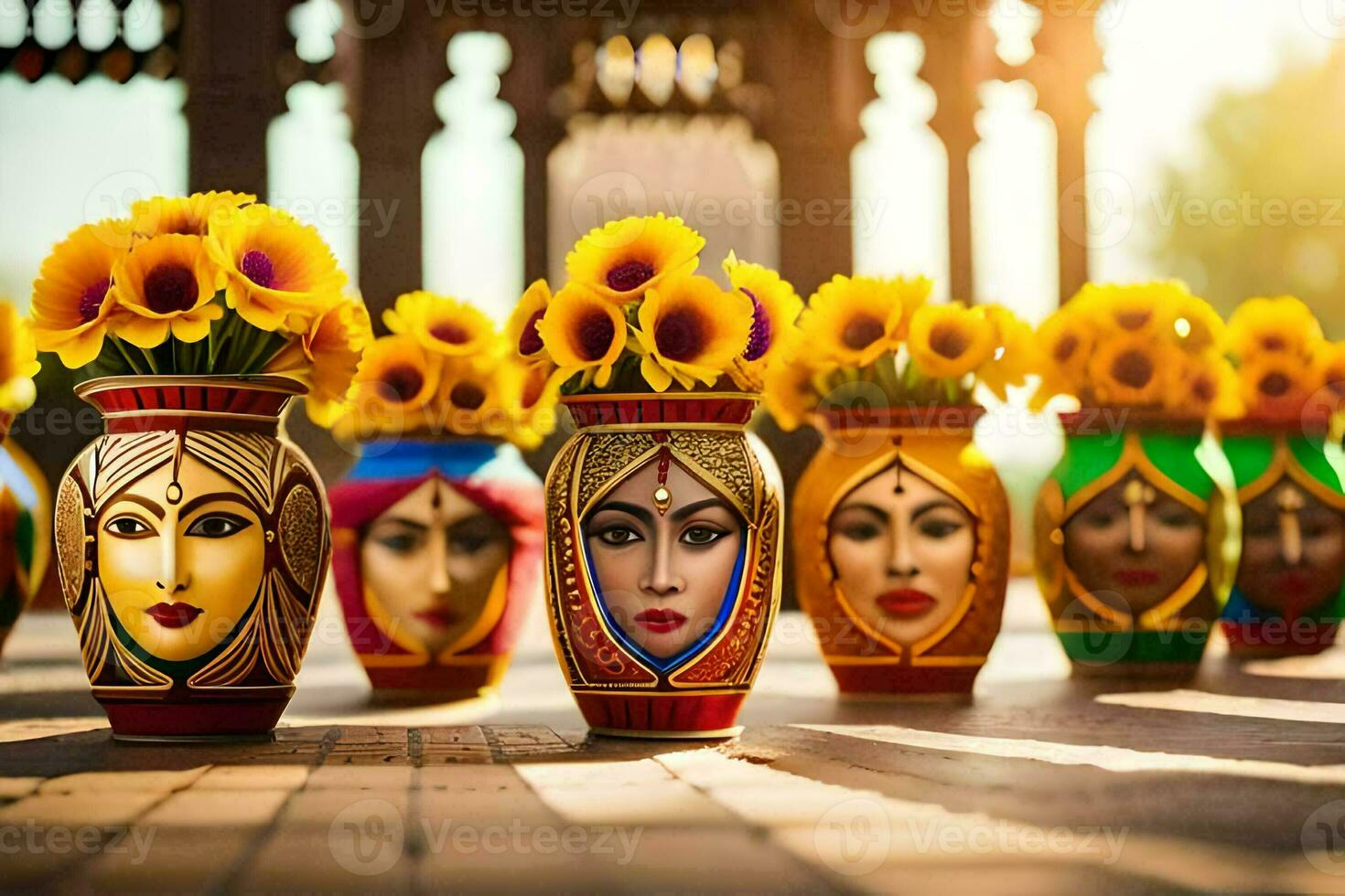 colorful vases with faces on them are lined up. AI-Generated photo