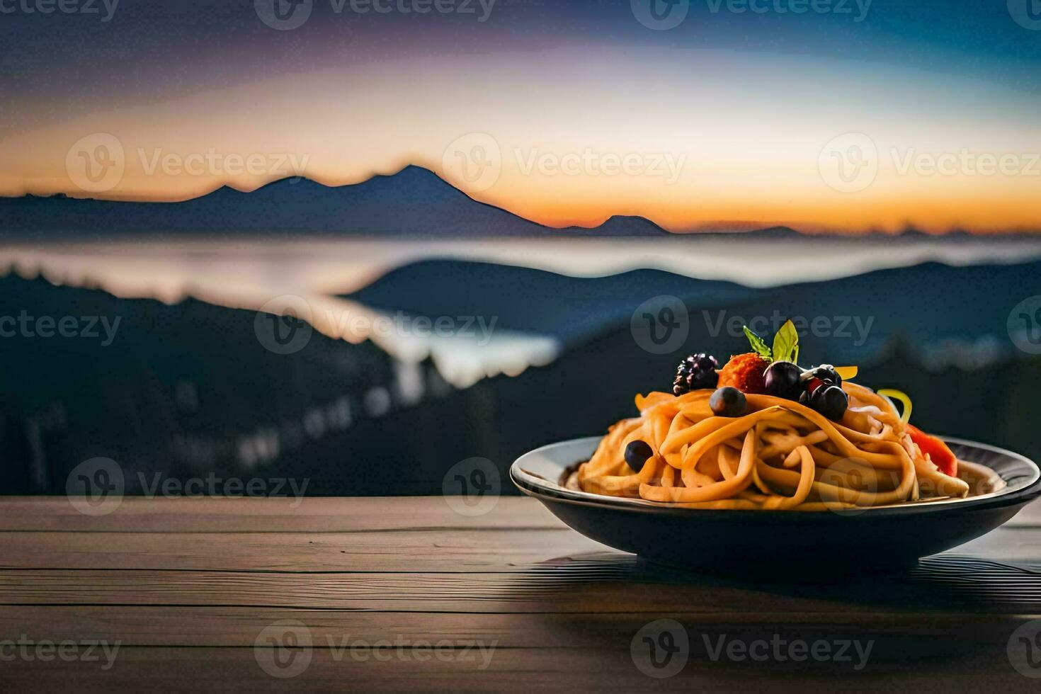 the pasta is served on a wooden table in front of a mountain view. AI-Generated photo