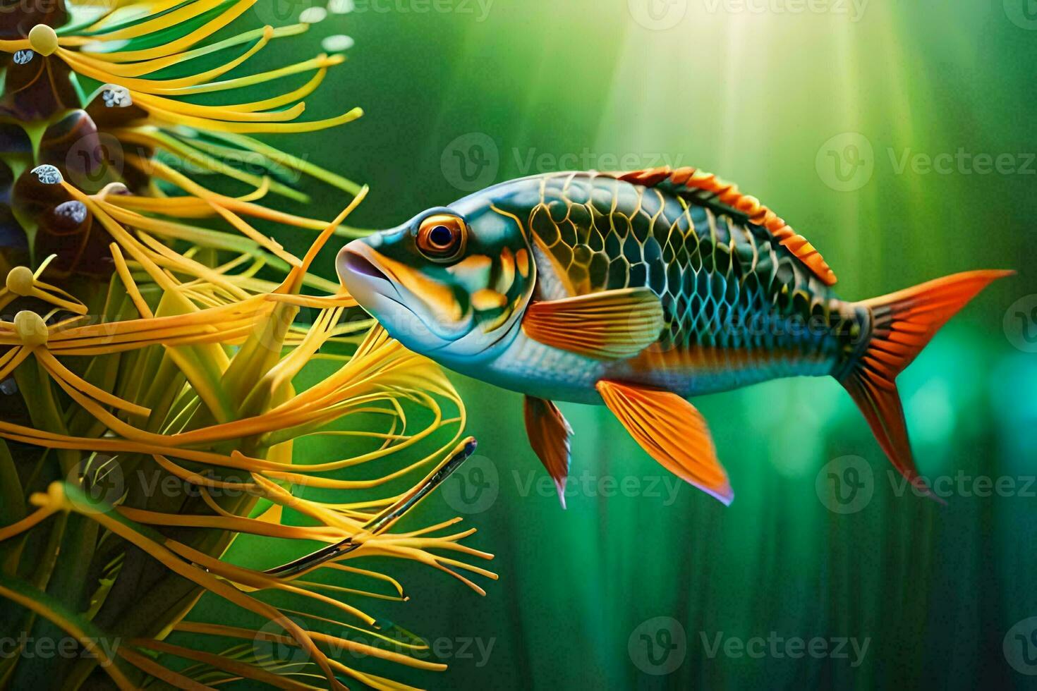 fish in the ocean with a bright green background. AI-Generated photo
