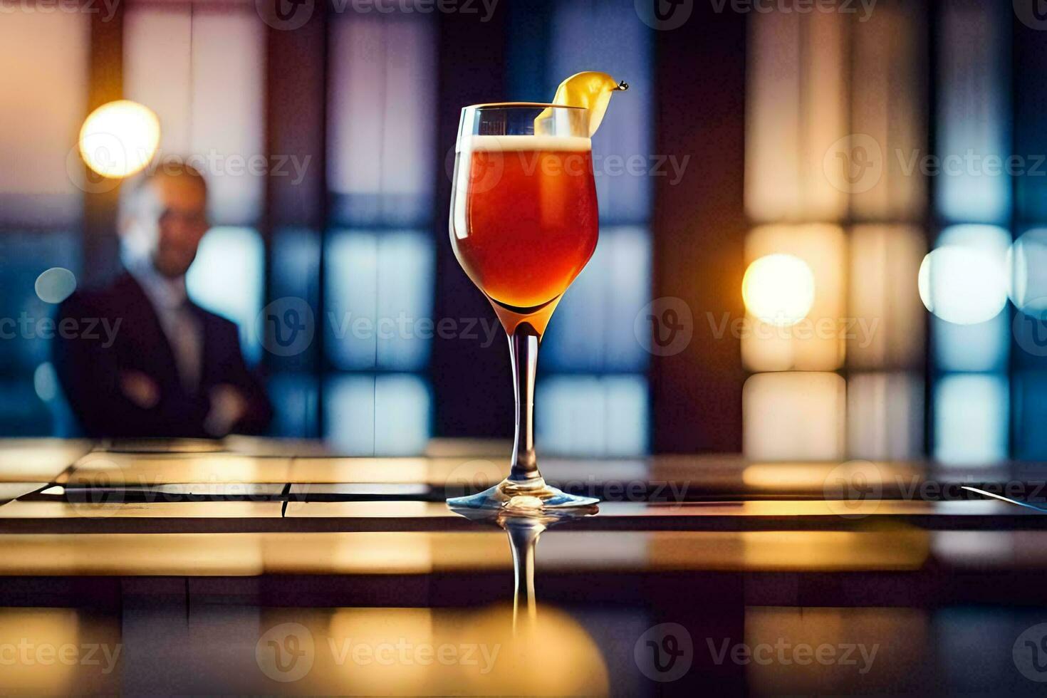 a glass of red wine sitting on a table in front of a man. AI-Generated photo