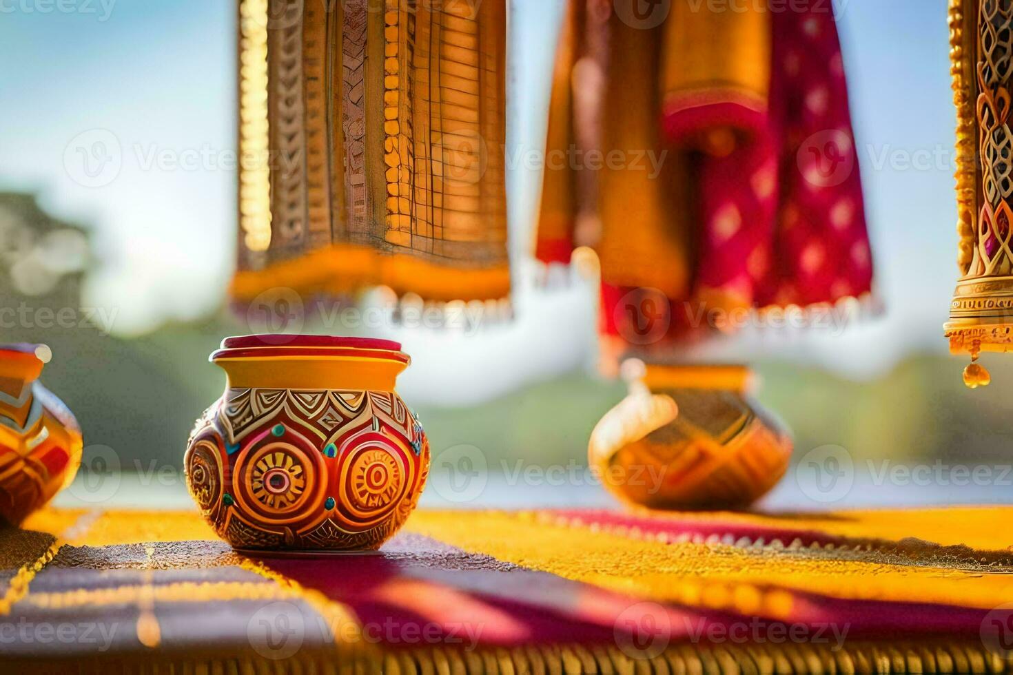 three colorful vases on a table with a curtain. AI-Generated photo