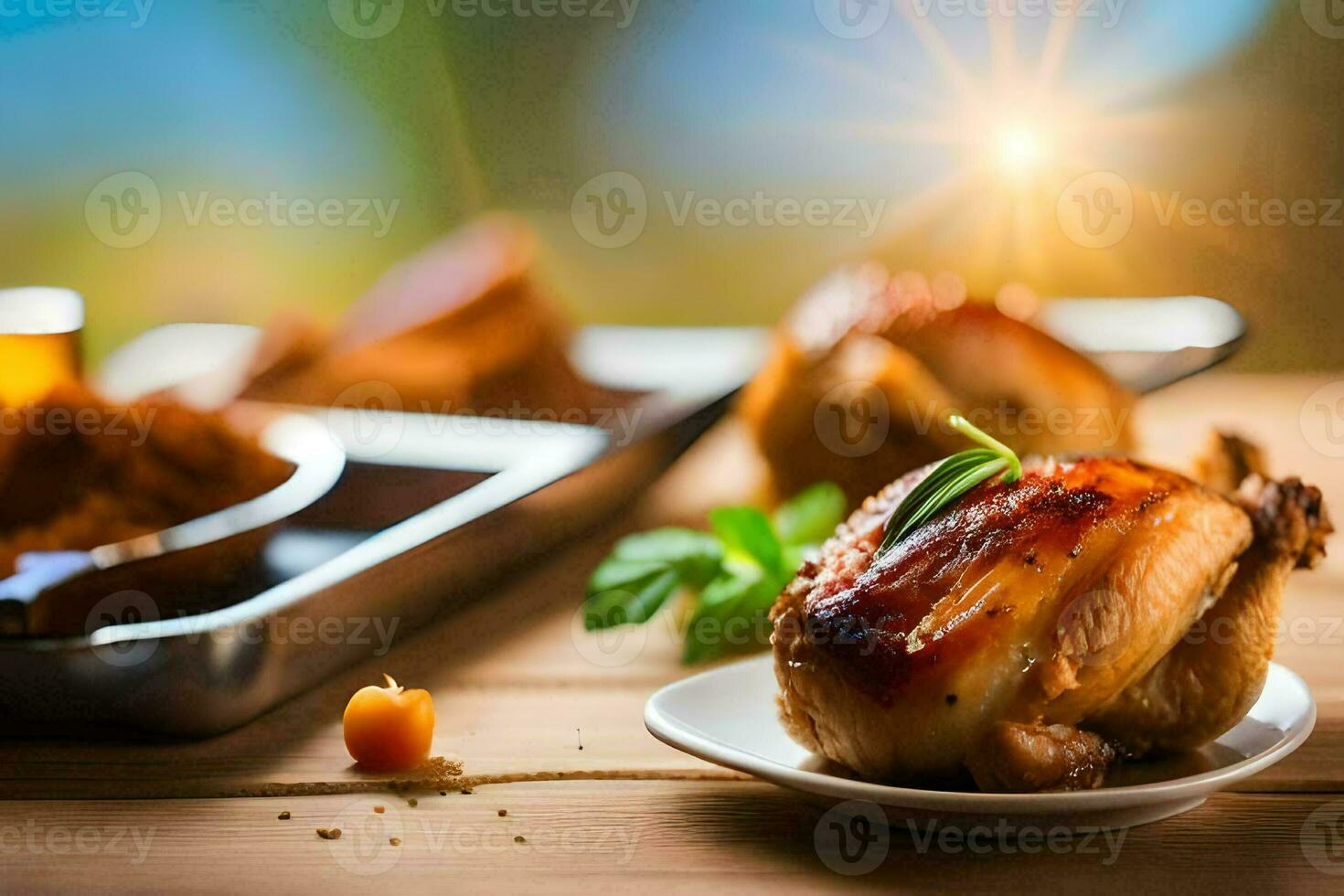 roasted chicken on a wooden table with spices. AI-Generated photo