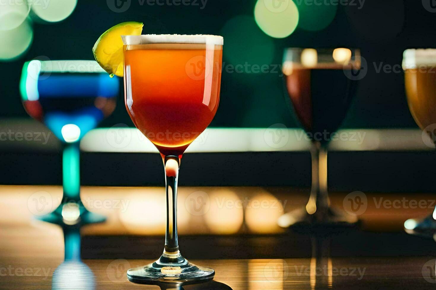 four different types of alcoholic drinks on a table. AI-Generated photo