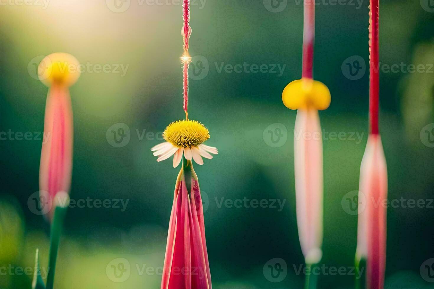 a flower hanging from a string in the sun. AI-Generated photo