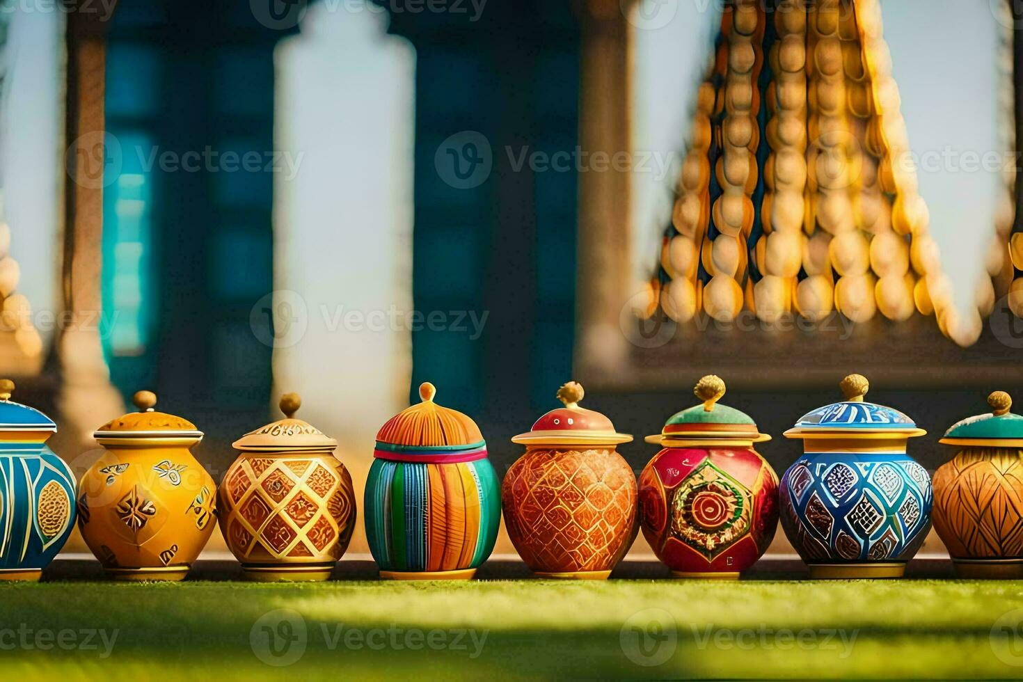 colorful ceramic vases lined up in a row. AI-Generated photo