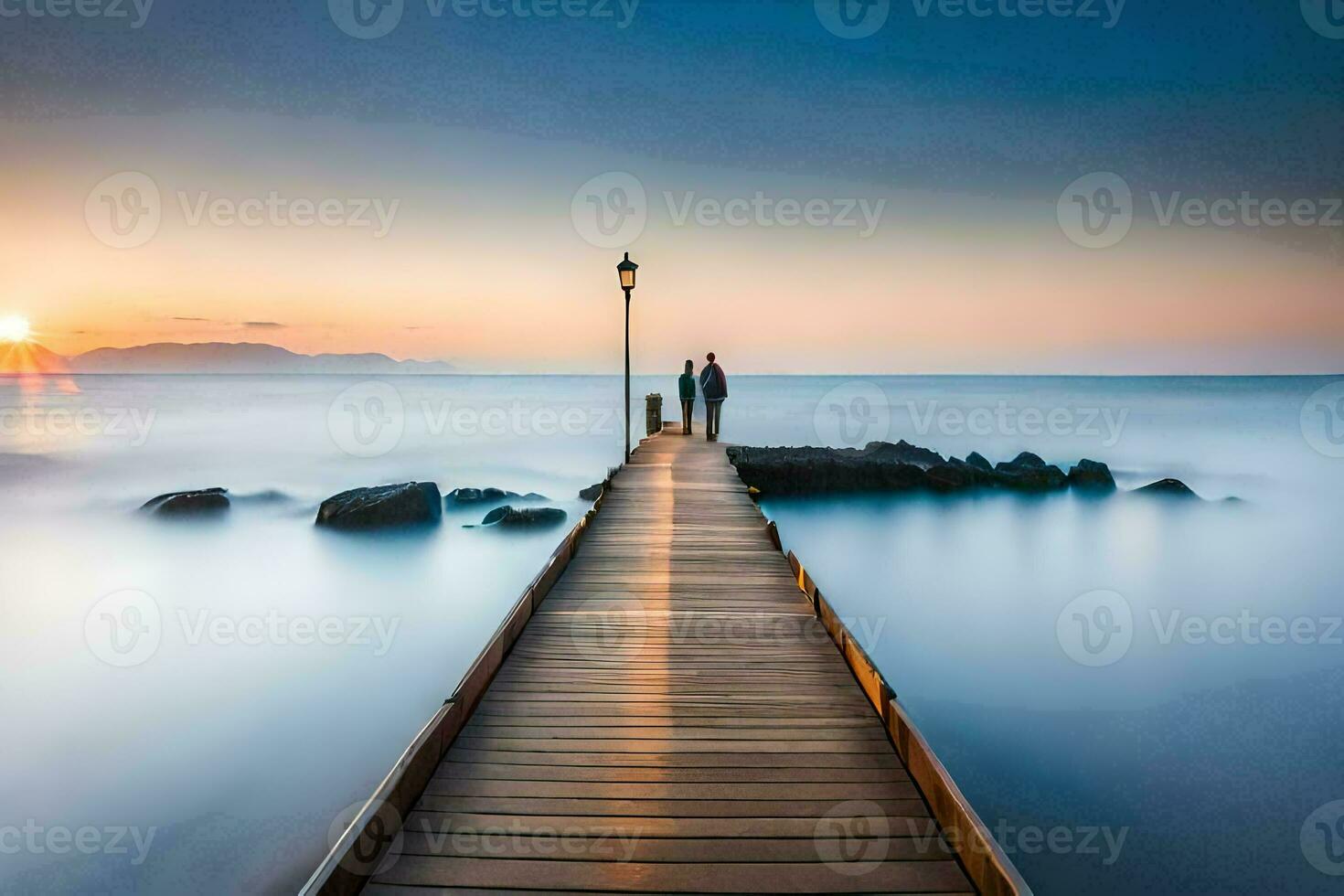 a man and woman standing on a pier at sunset. AI-Generated photo