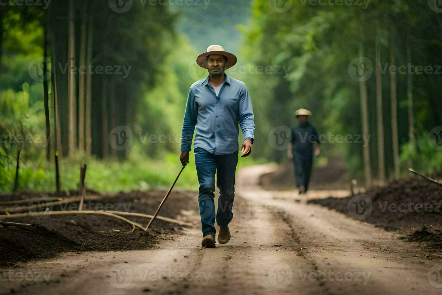 a man walking down a dirt road with a stick. AI-Generated photo
