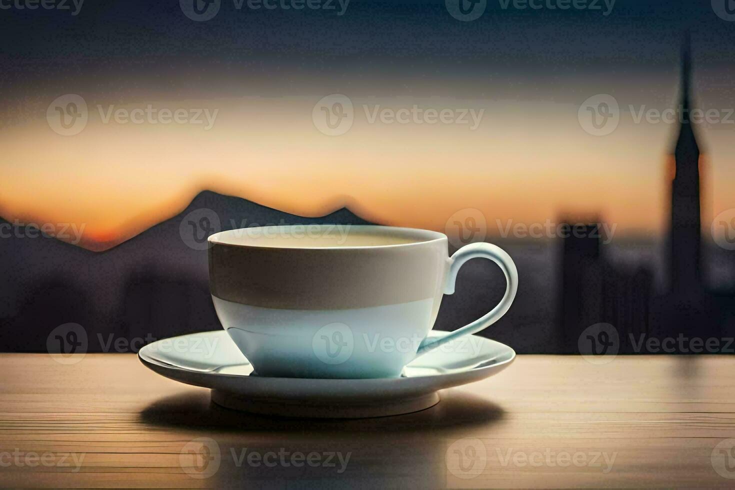 a cup of coffee on a table in front of a cityscape. AI-Generated photo