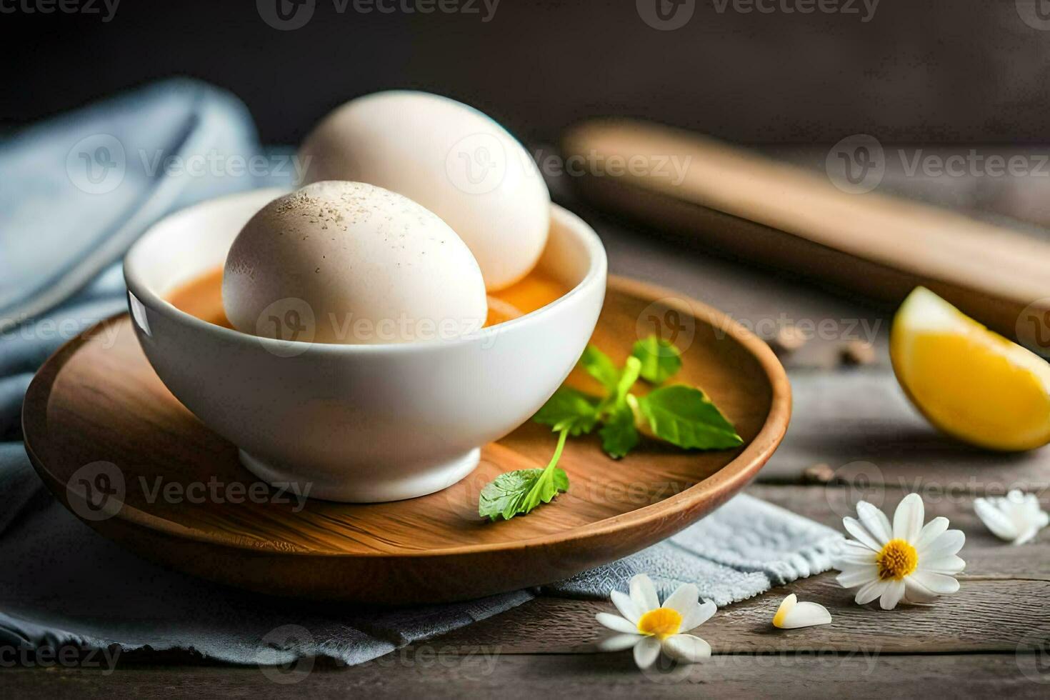 eggs in a bowl with lemon and herbs. AI-Generated photo