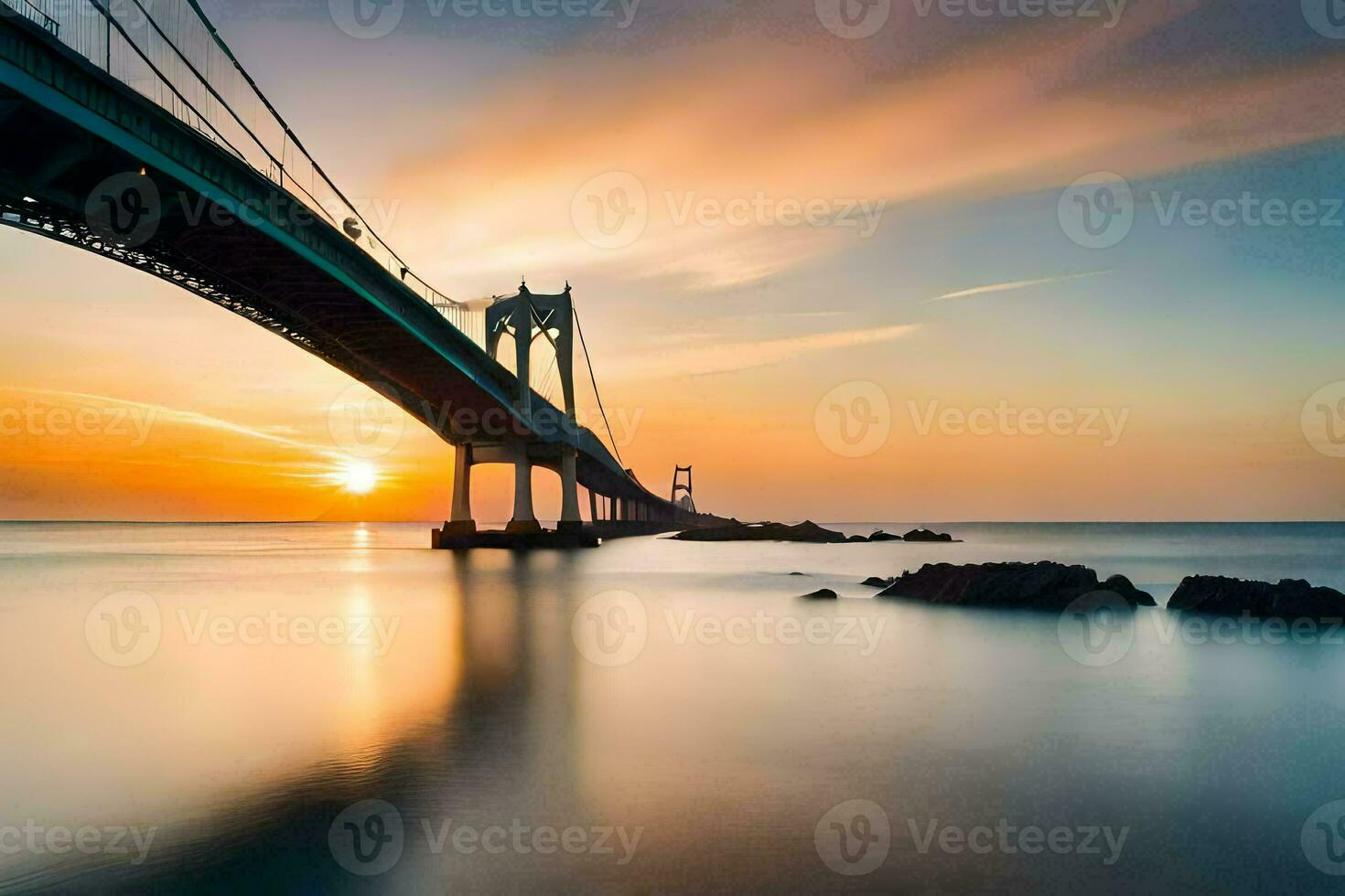 the sun sets over a bridge in the ocean. AI-Generated photo