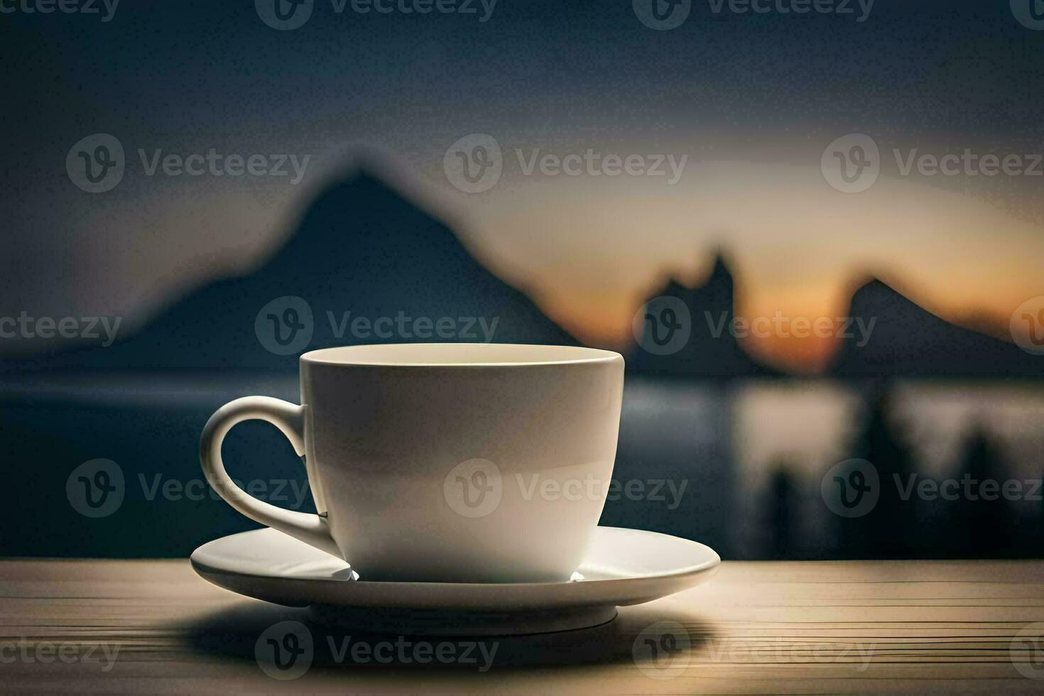 coffee cup on a table with mountains in the background. AI-Generated photo