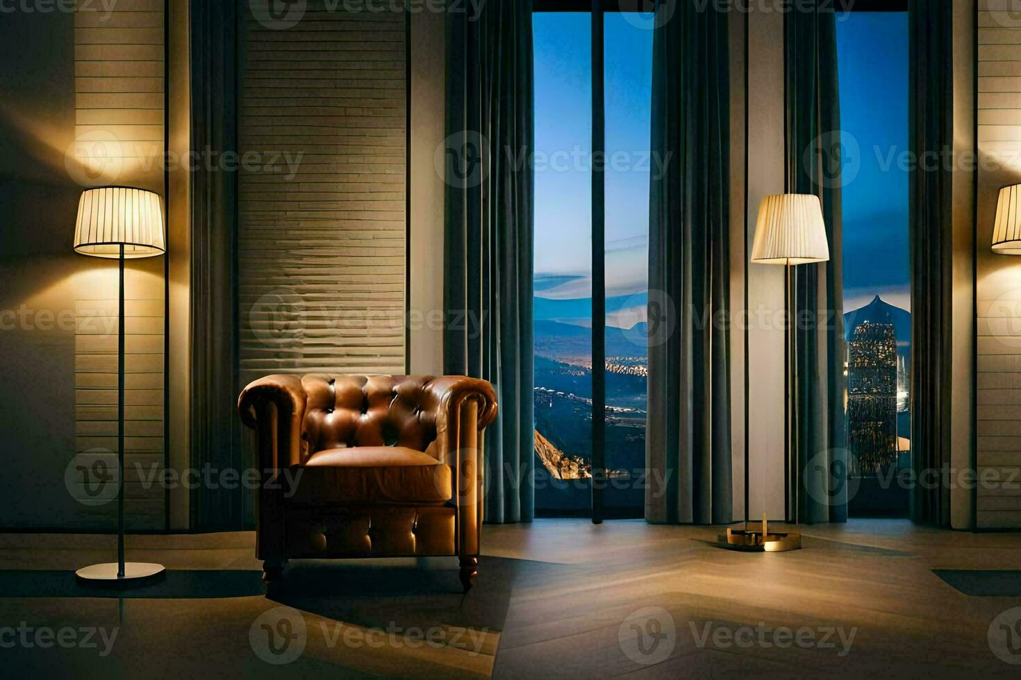 a chair and lamp in a room with a view. AI-Generated photo