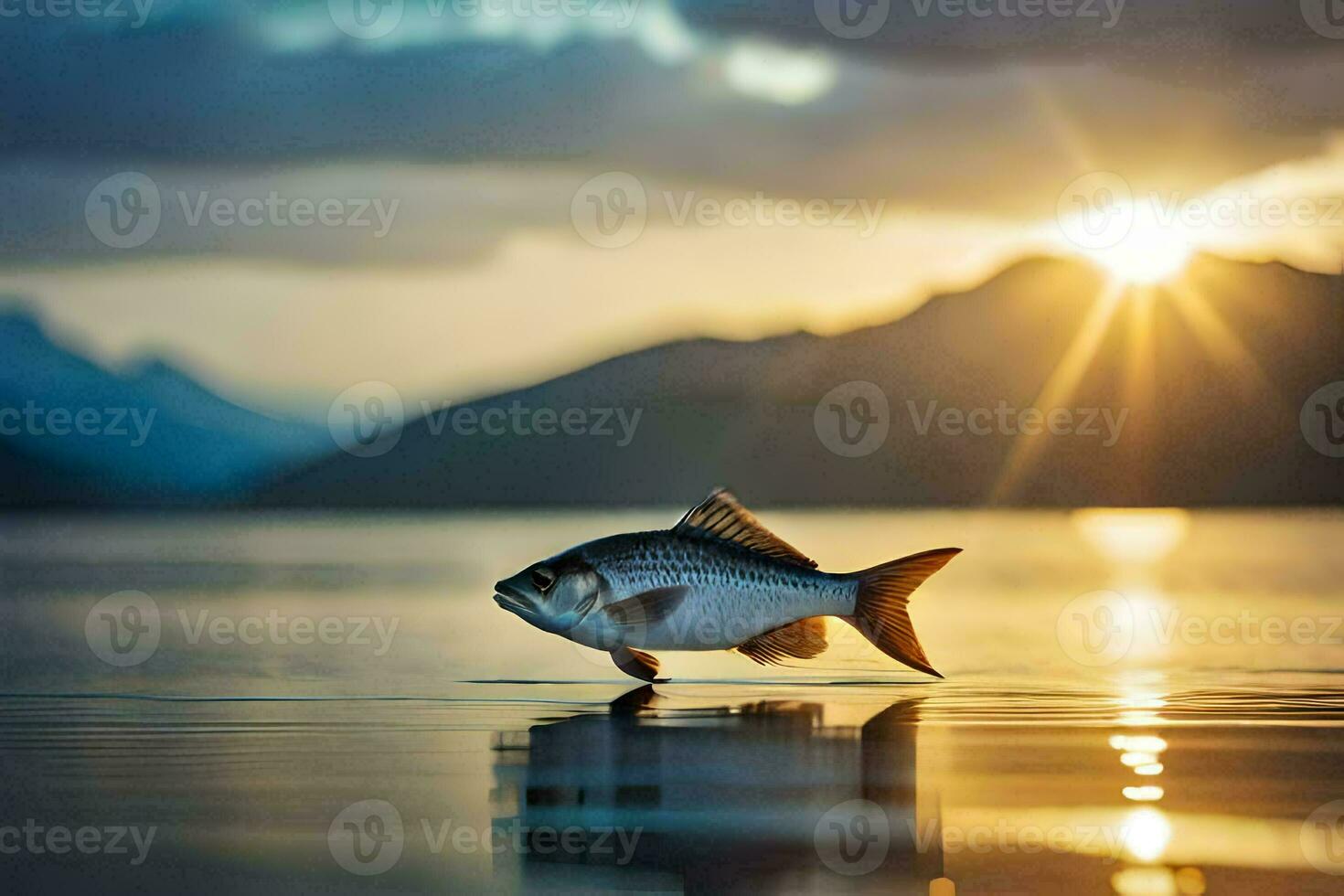 a fish is standing on the water at sunset. AI-Generated photo
