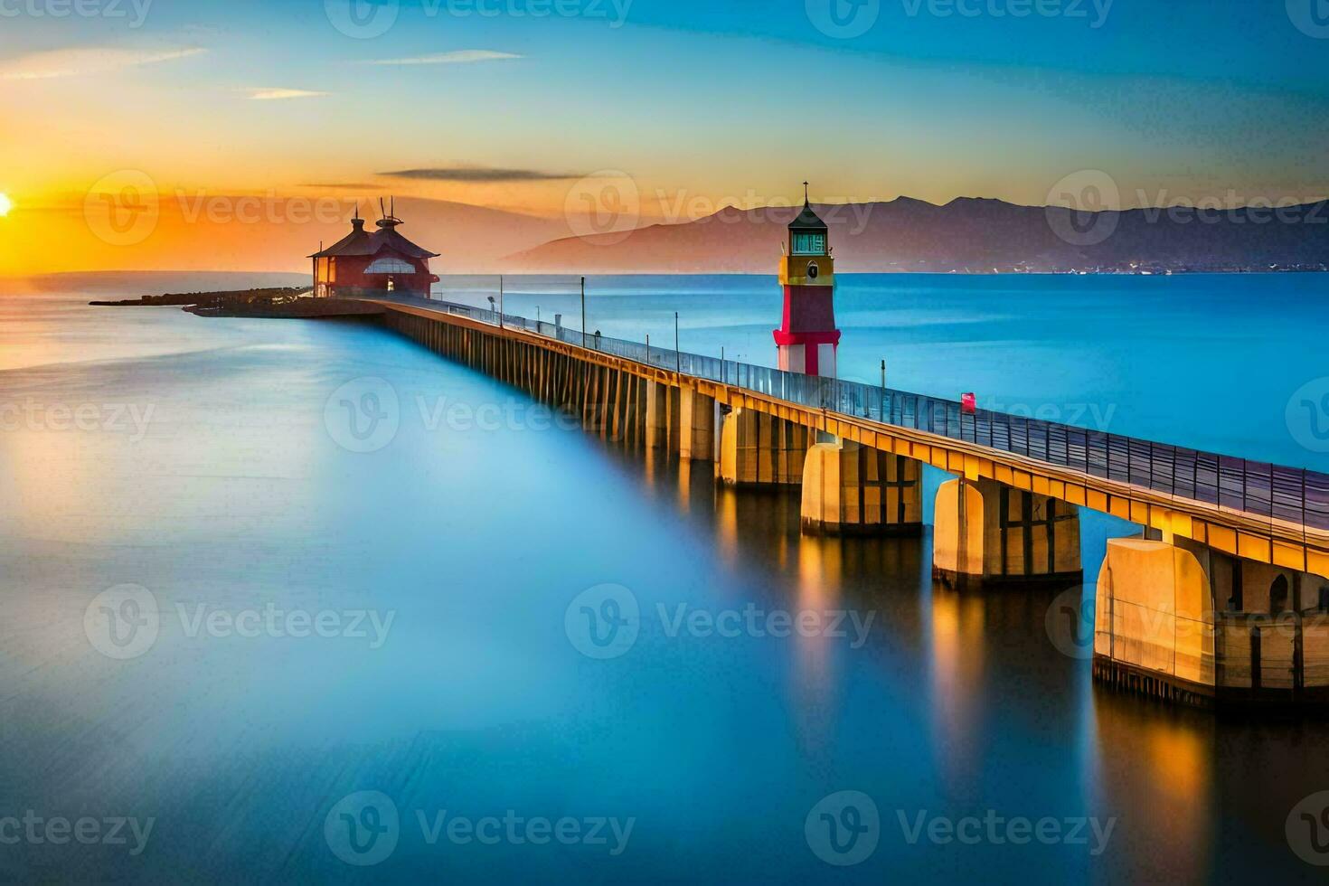 a long exposure photograph of a pier at sunset. AI-Generated photo