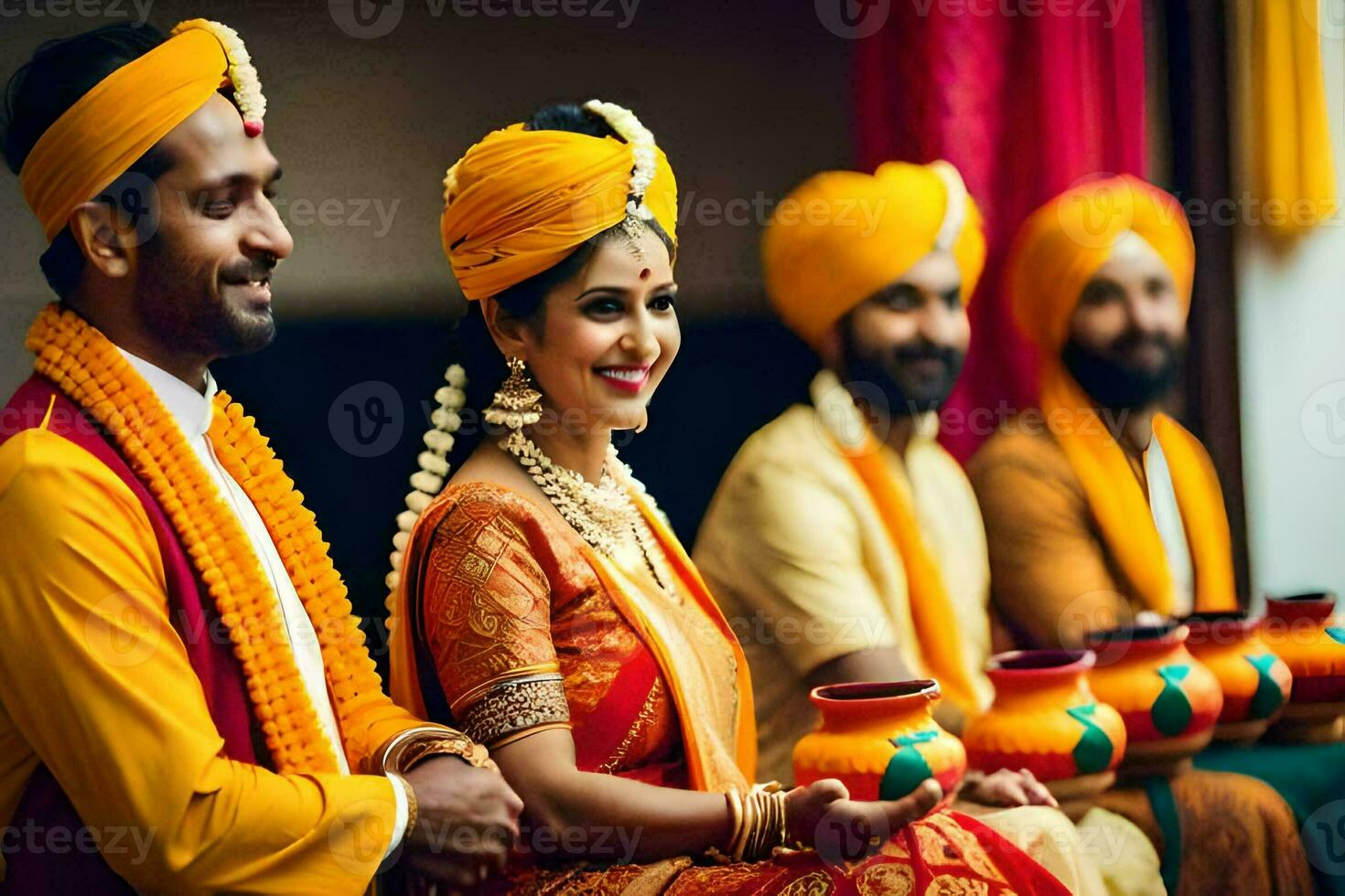a bride and groom in traditional indian attire. AI-Generated photo