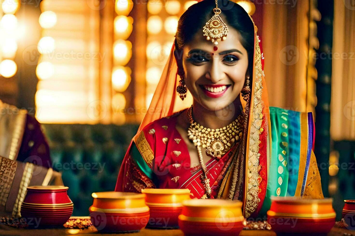 a woman in traditional indian attire is smiling. AI-Generated photo