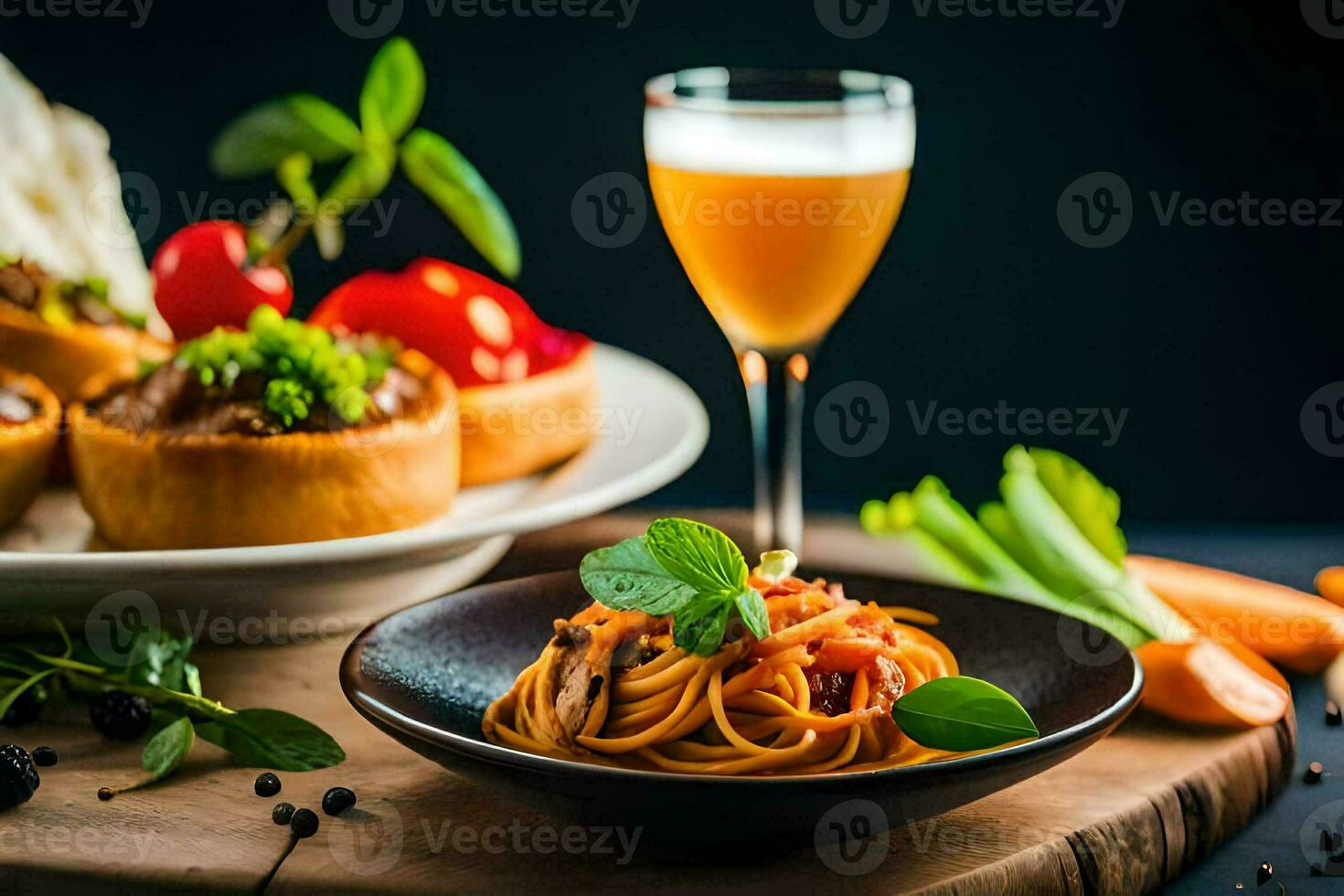 espaguetis con tomate salsa y un pan en un de madera mesa. generado por ai foto