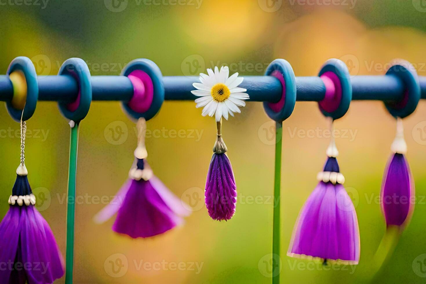 purple and white flowers hanging from a clothesline. AI-Generated photo